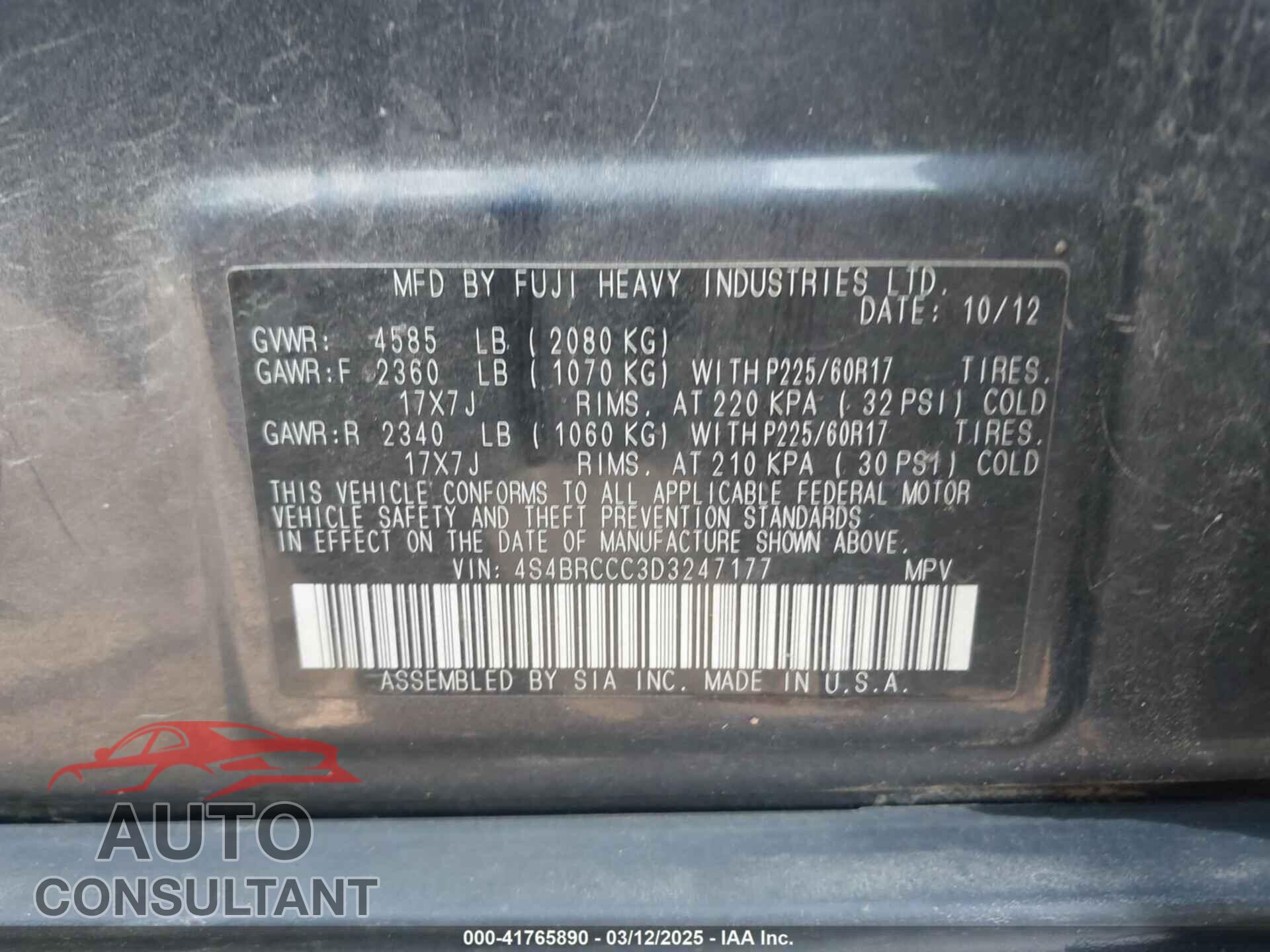 SUBARU OUTBACK 2013 - 4S4BRCCC3D3247177