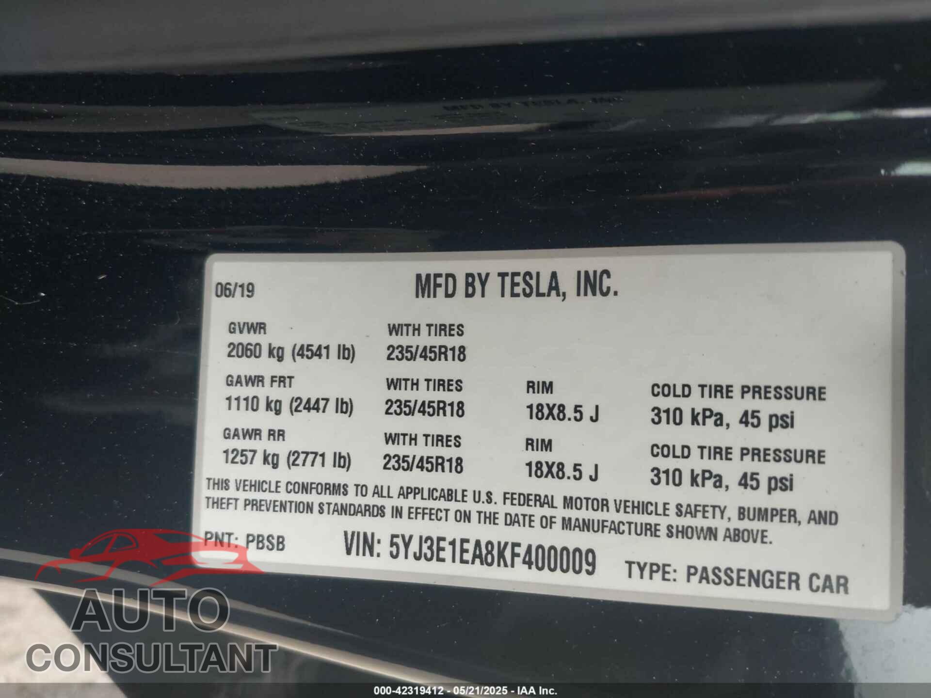 TESLA MODEL 3 2019 - 5YJ3E1EA8KF400009