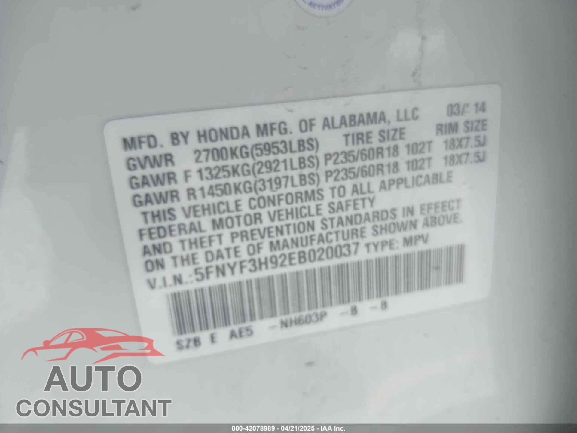 HONDA PILOT 2014 - 5FNYF3H92EB020037