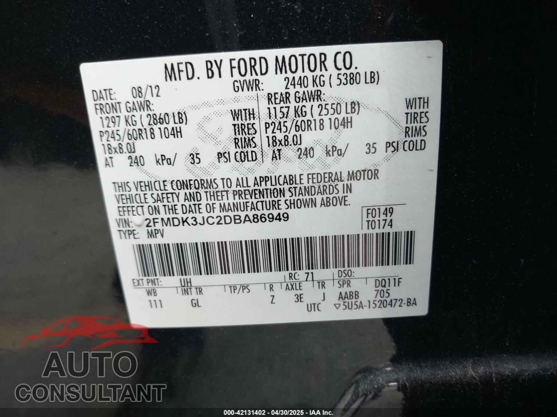 FORD EDGE 2013 - 2FMDK3JC2DBA86949