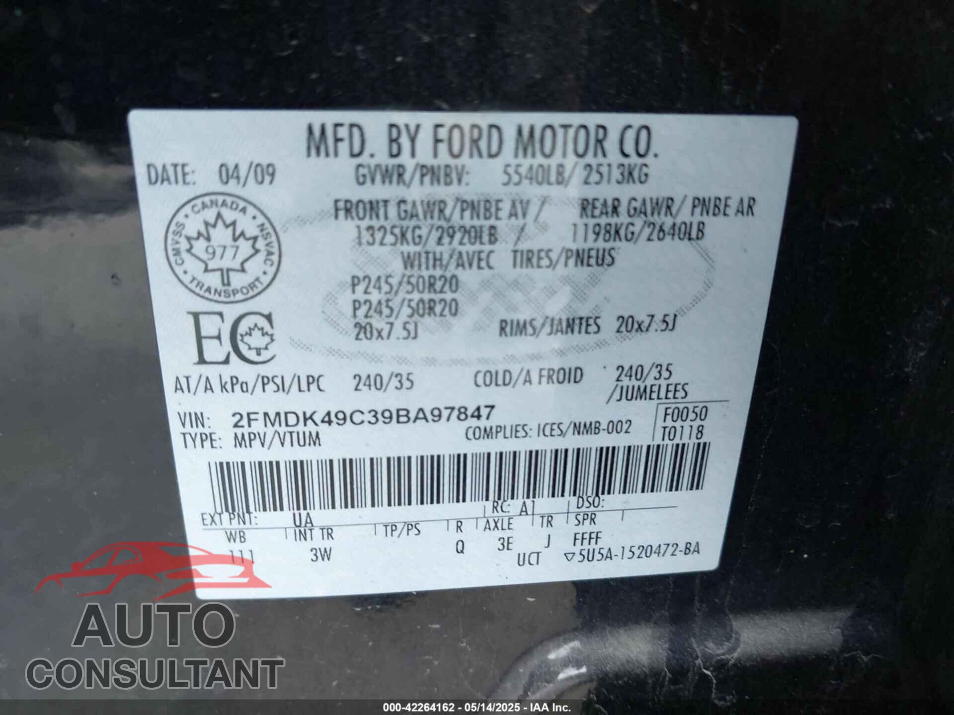 FORD EDGE 2009 - 2FMDK49C39BA97847