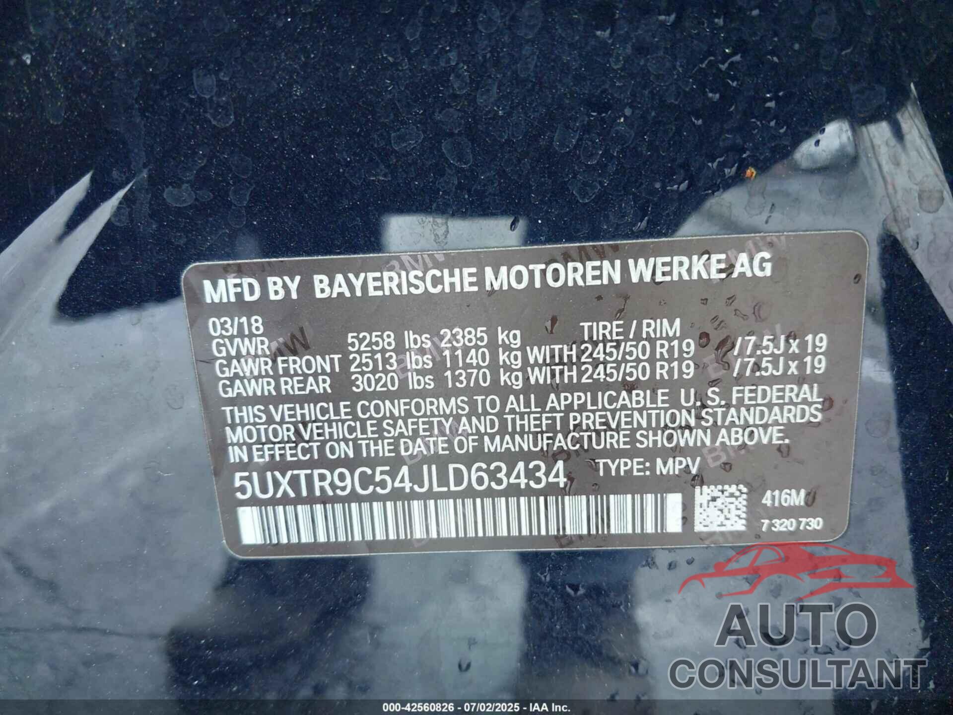 BMW X3 2018 - 5UXTR9C54JLD63434