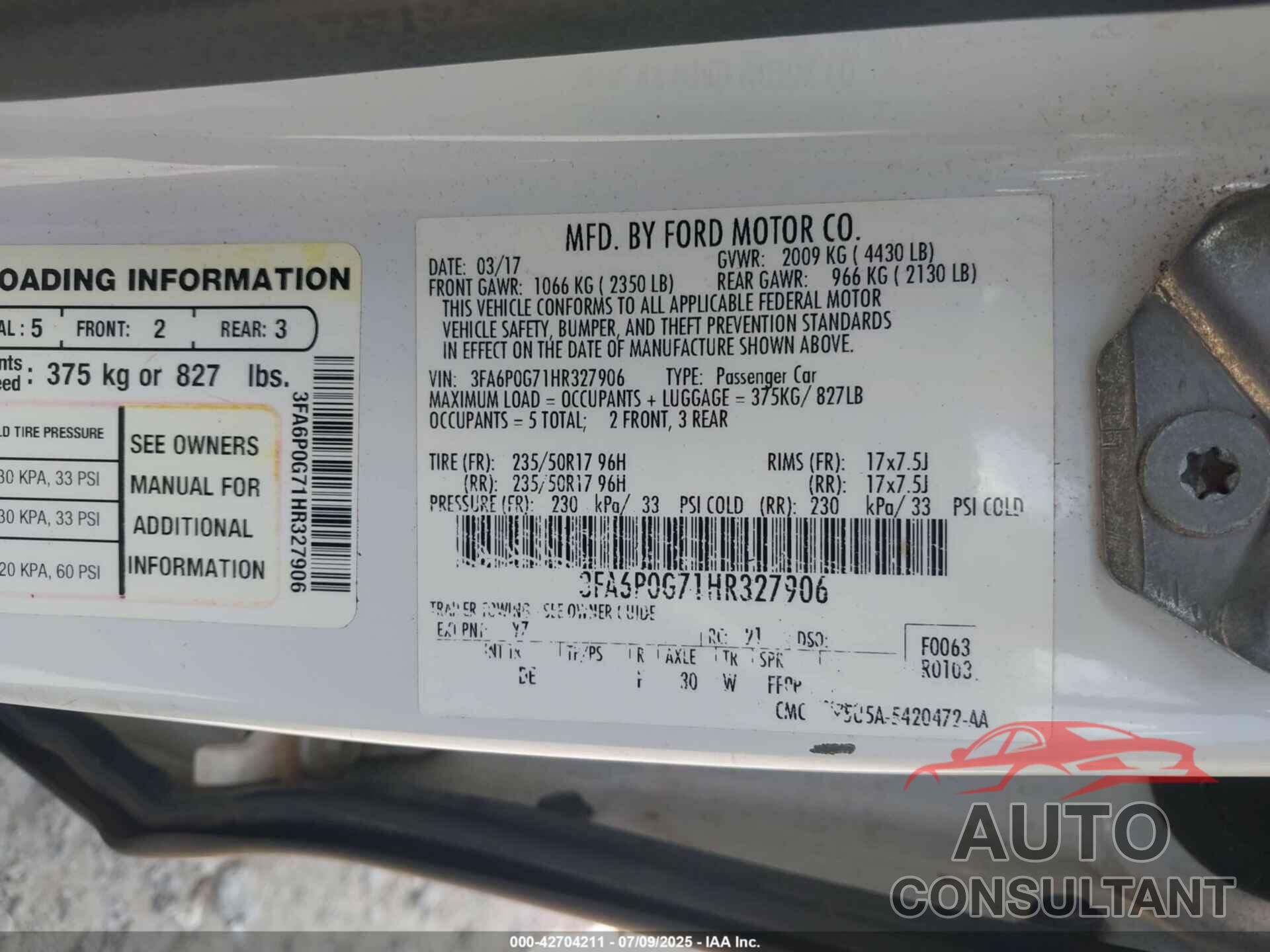 FORD FUSION 2017 - 3FA6P0G71HR327906