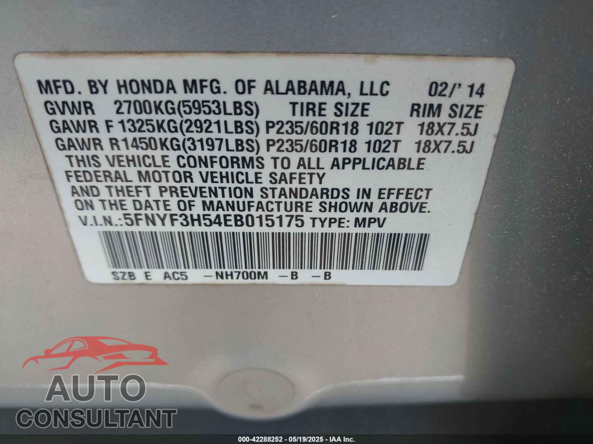 HONDA PILOT 2014 - 5FNYF3H54EB015175