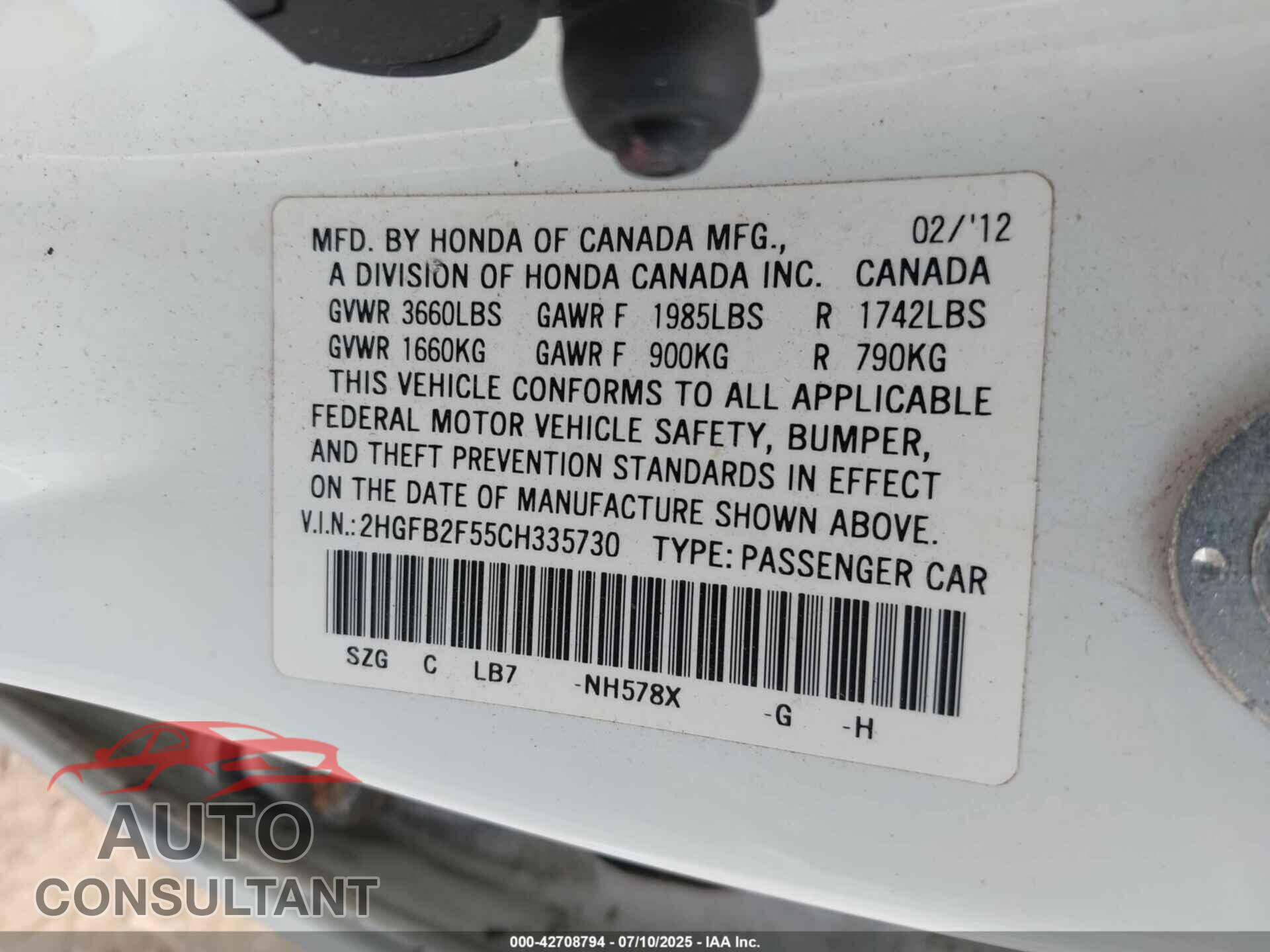 HONDA CIVIC 2012 - 2HGFB2F55CH335730