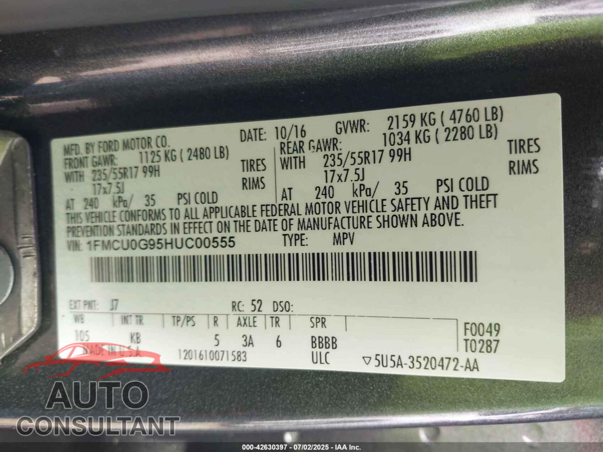 FORD ESCAPE 2017 - 1FMCU0G95HUC00555