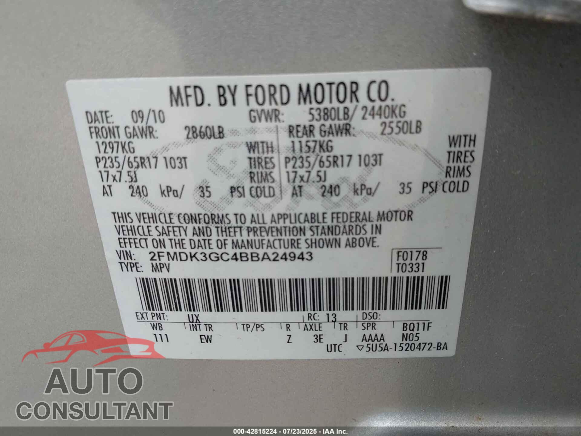 FORD EDGE 2011 - 2FMDK3GC4BBA24943
