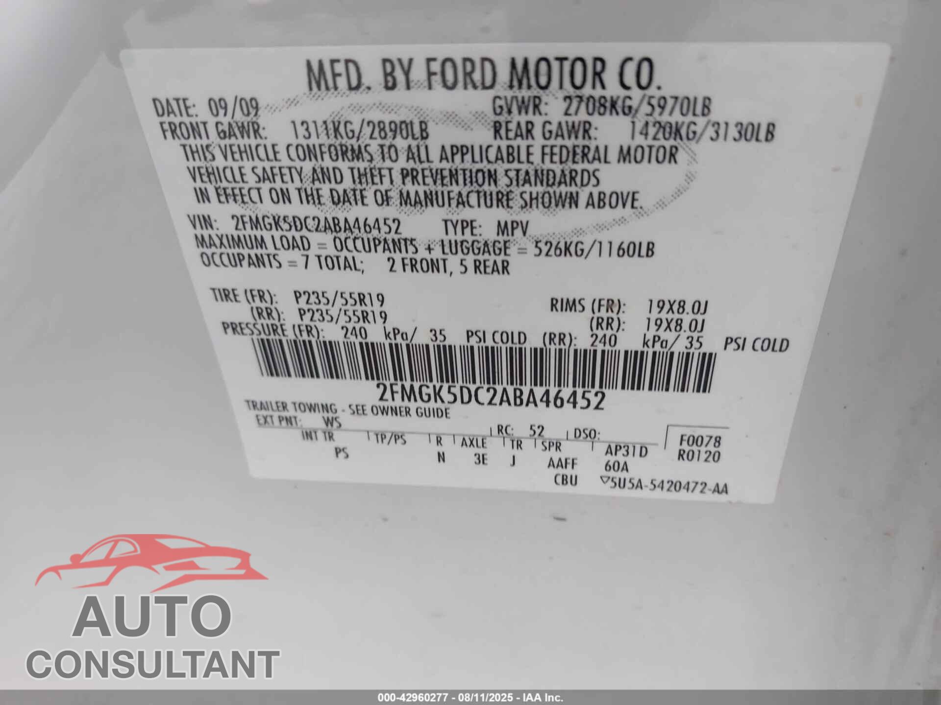 FORD FLEX 2010 - 2FMGK5DC2ABA46452