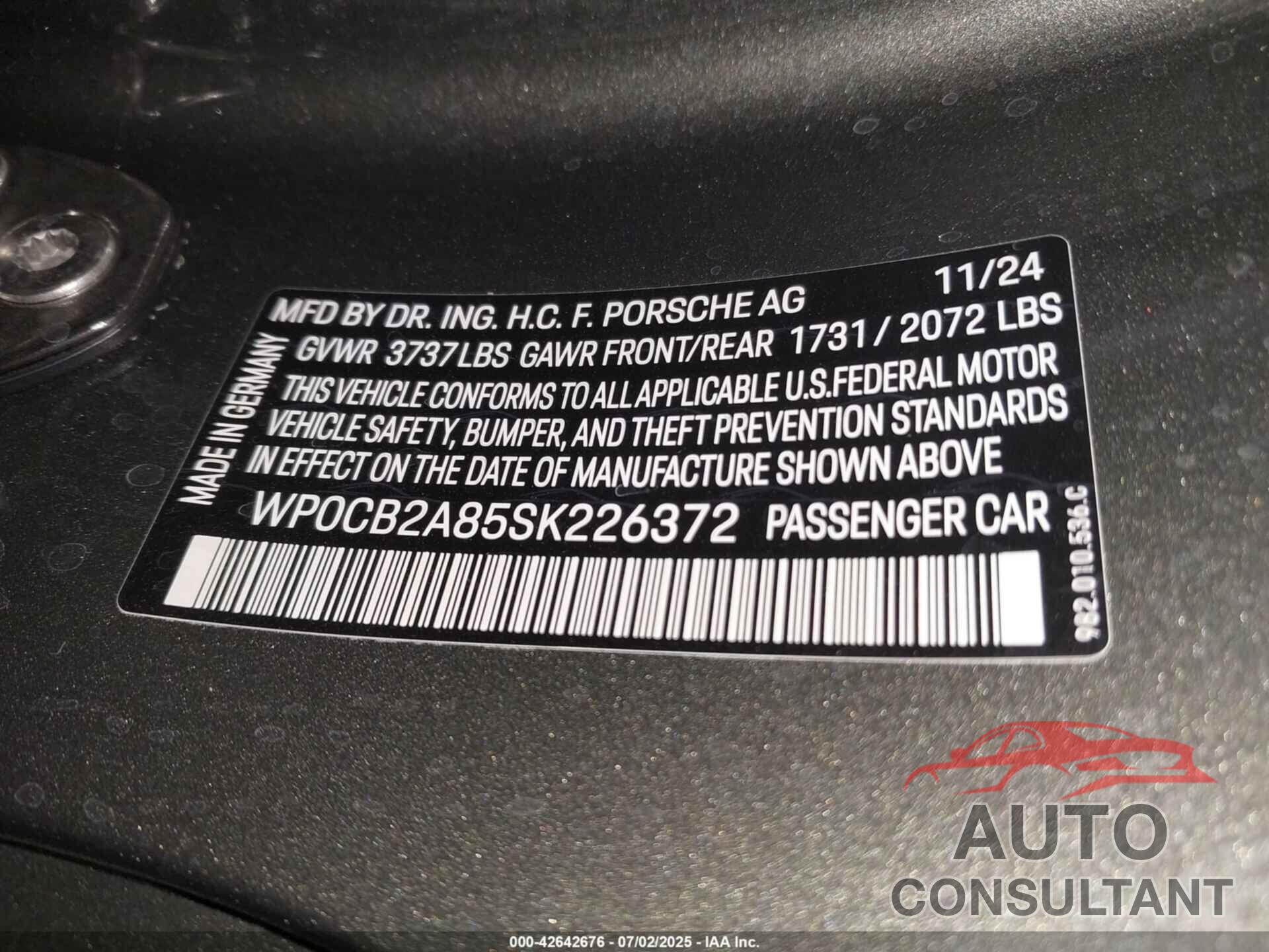 PORSCHE 718 BOXSTER 2025 - WP0CB2A85SK226372