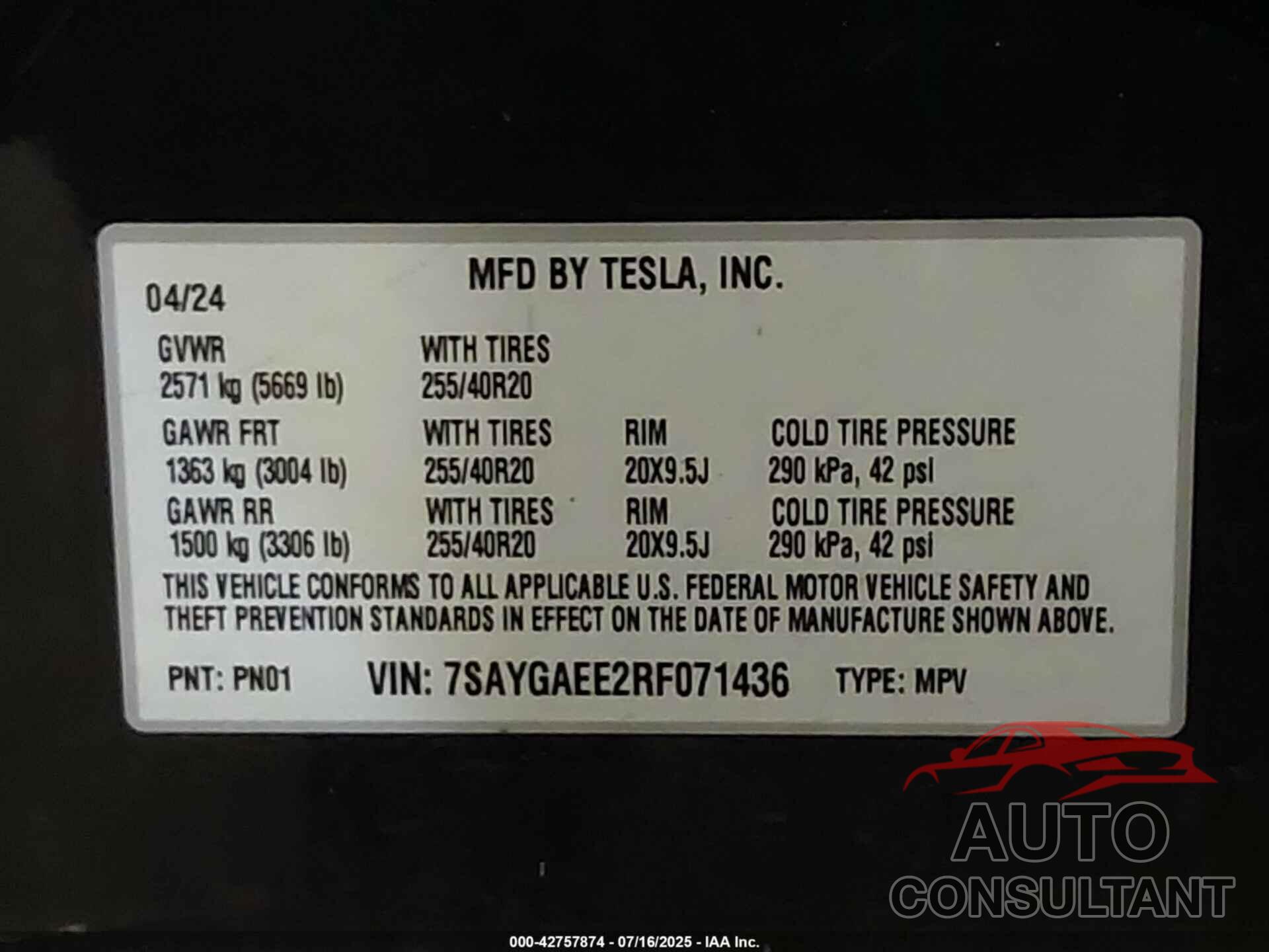 TESLA MODEL Y 2024 - 7SAYGAEE2RF071436