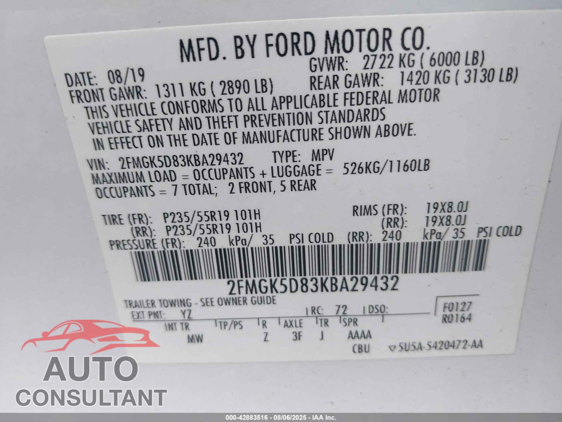 FORD FLEX 2019 - 2FMGK5D83KBA29432
