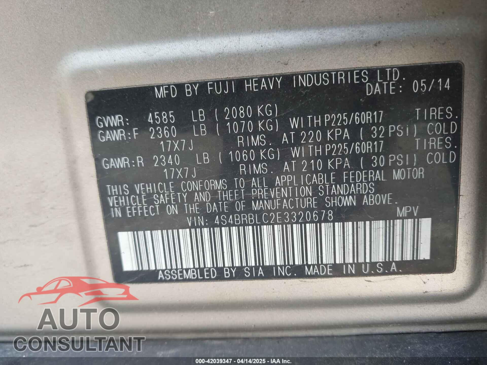 SUBARU OUTBACK 2014 - 4S4BRBLC2E3320678