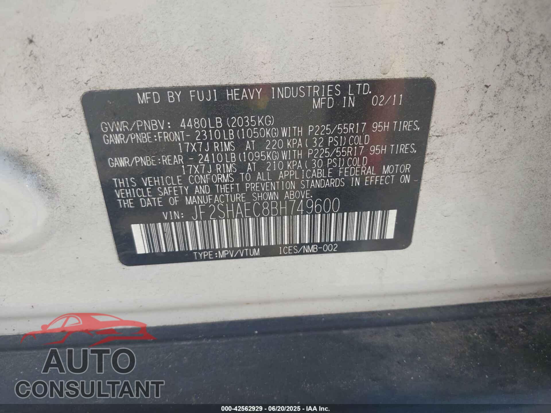 SUBARU FORESTER 2011 - JF2SHAEC8BH749600