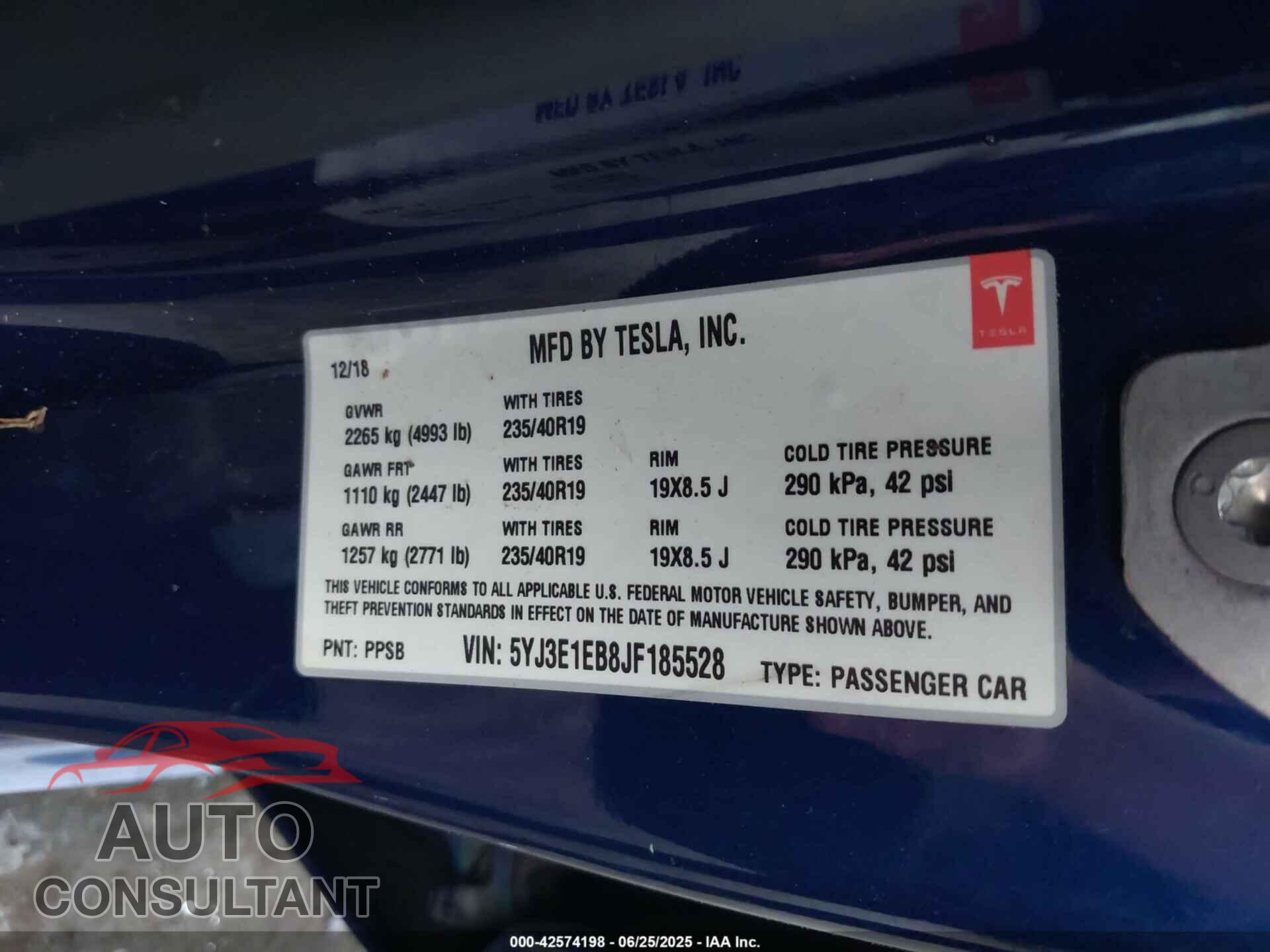 TESLA MODEL 3 2018 - 5YJ3E1EB8JF185528