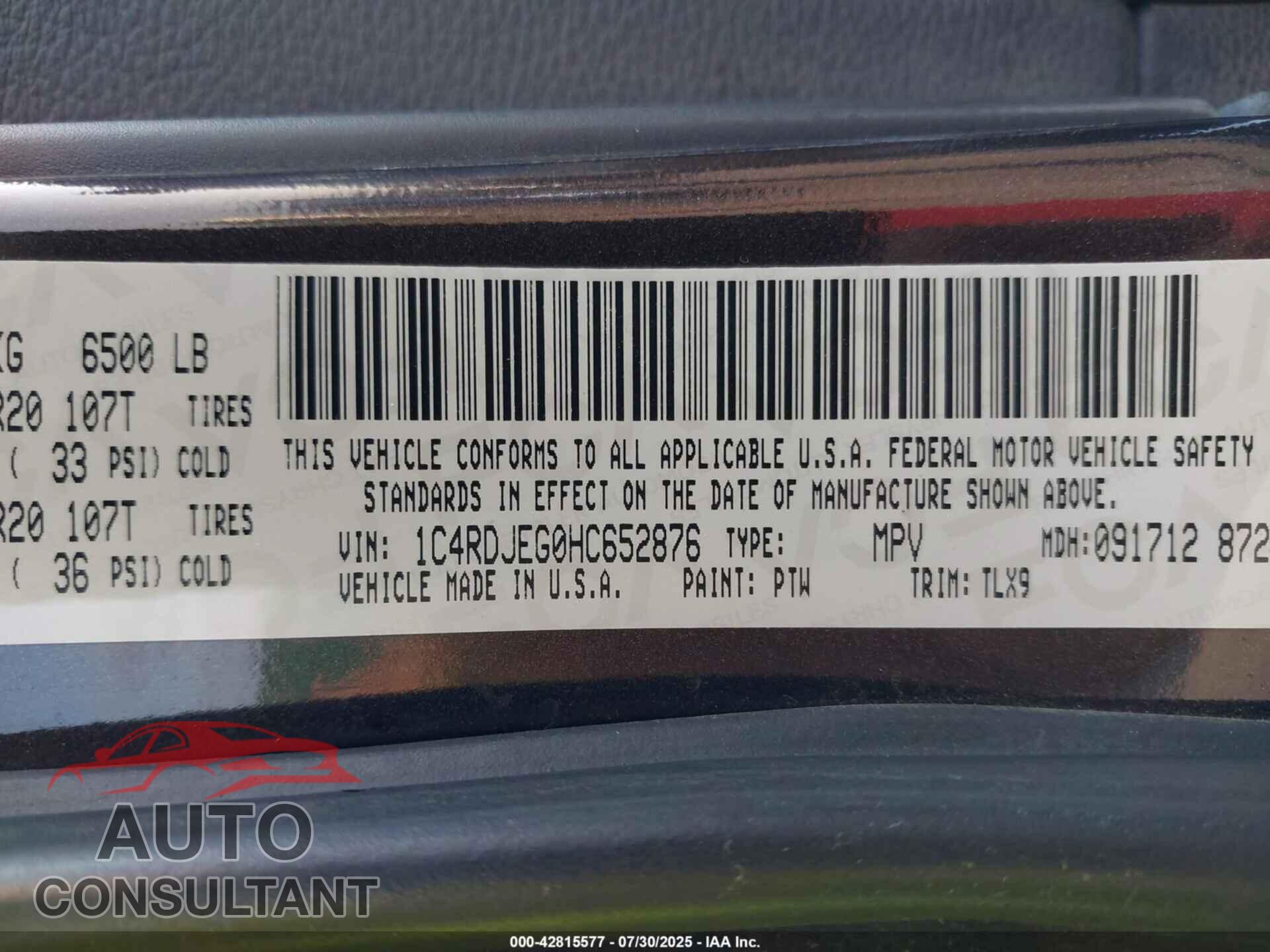 DODGE DURANGO 2017 - 1C4RDJEG0HC652876