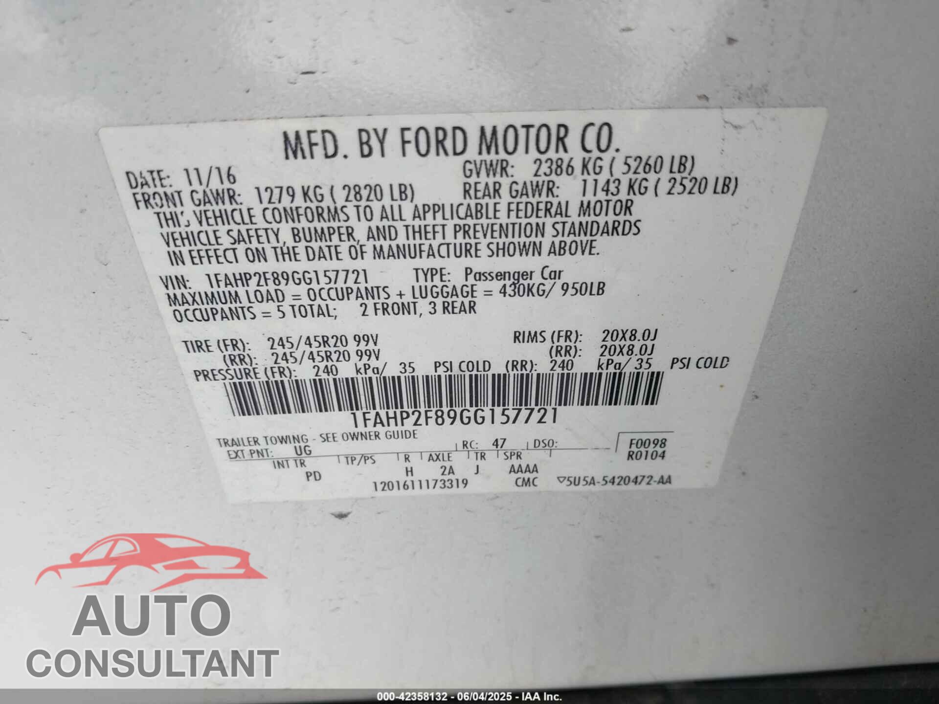 FORD TAURUS 2016 - 1FAHP2F89GG157721