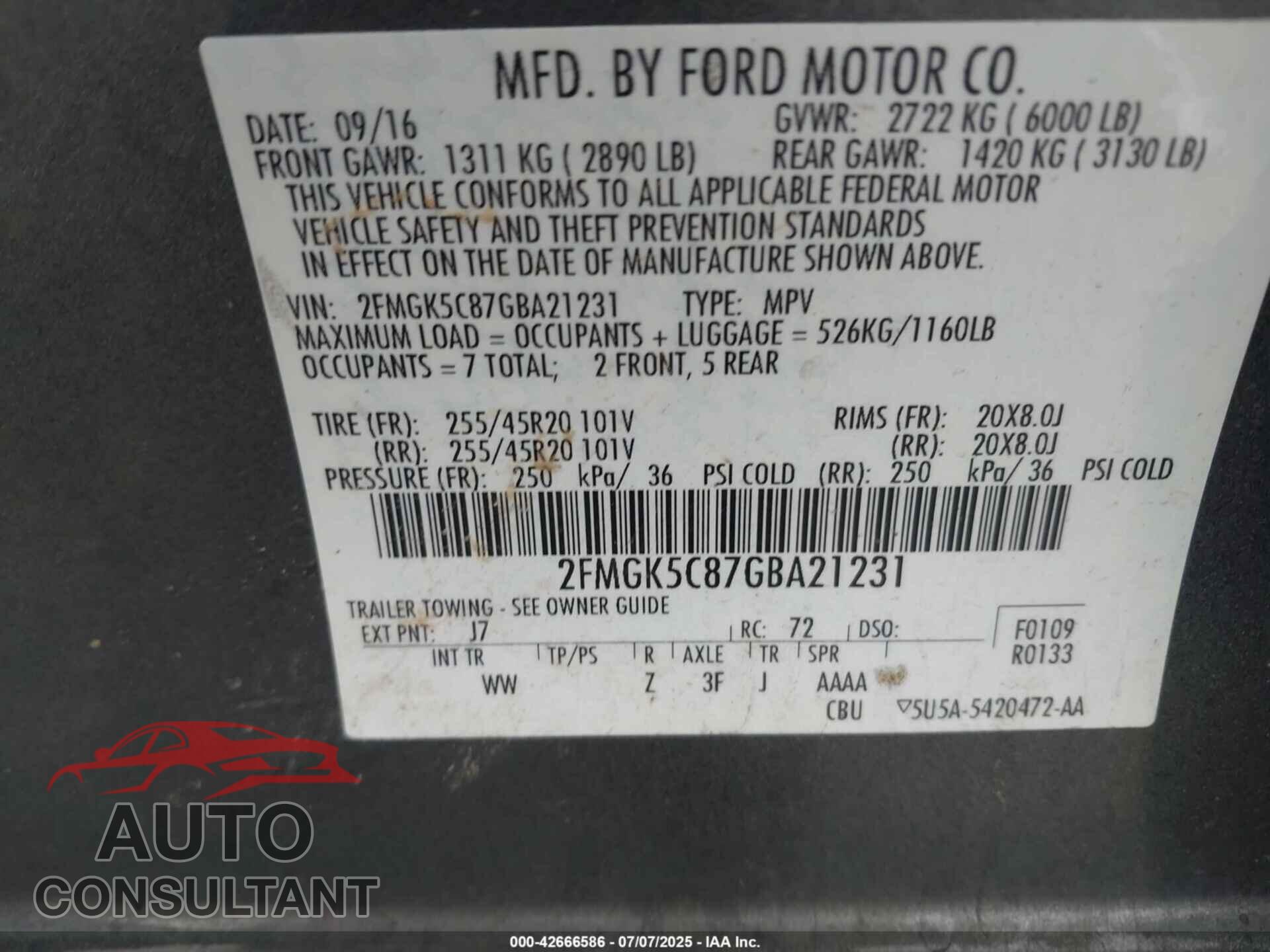 FORD FLEX 2016 - 2FMGK5C87GBA21231