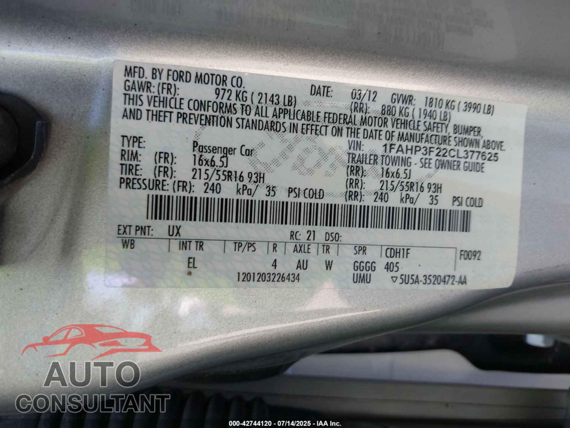 FORD FOCUS 2012 - 1FAHP3F22CL377625