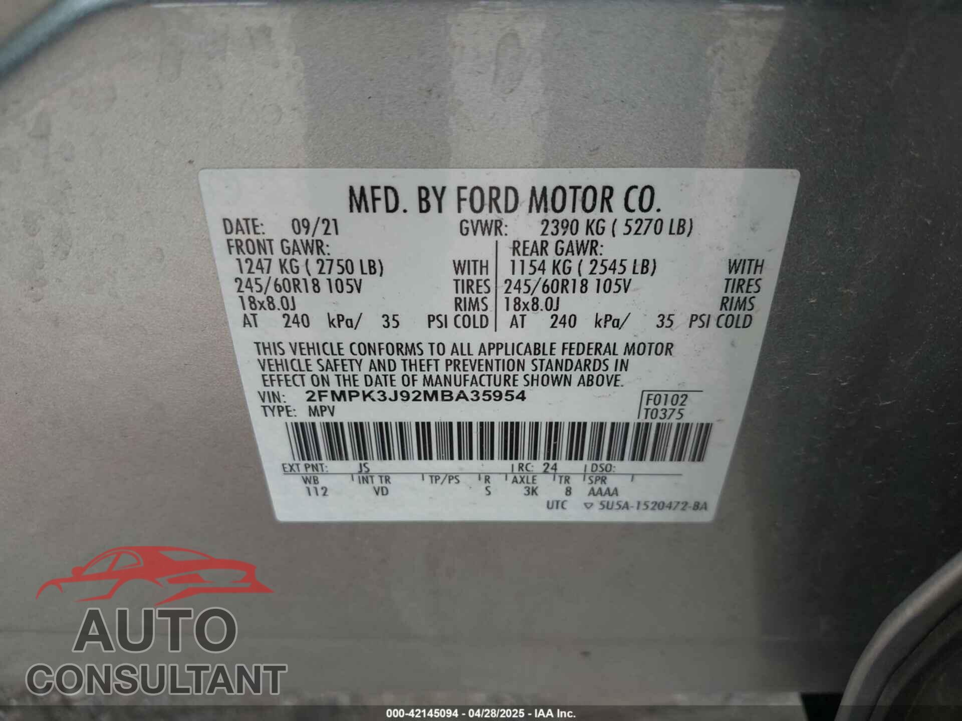 FORD EDGE 2021 - 2FMPK3J92MBA35954
