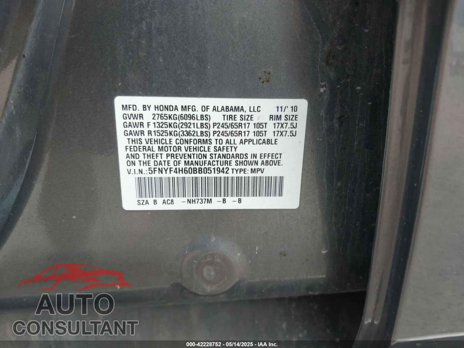 HONDA PILOT 2011 - 5FNYF4H60BB051942