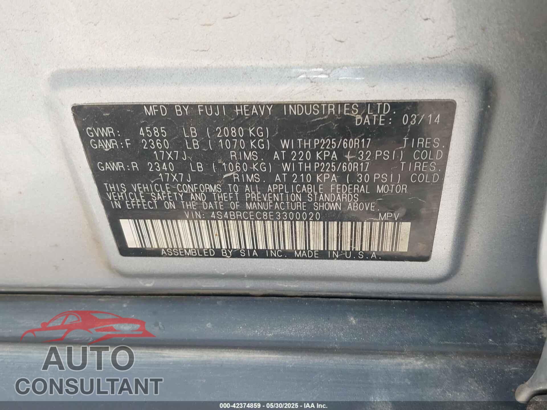 SUBARU OUTBACK 2014 - 4S4BRCEC8E3300020