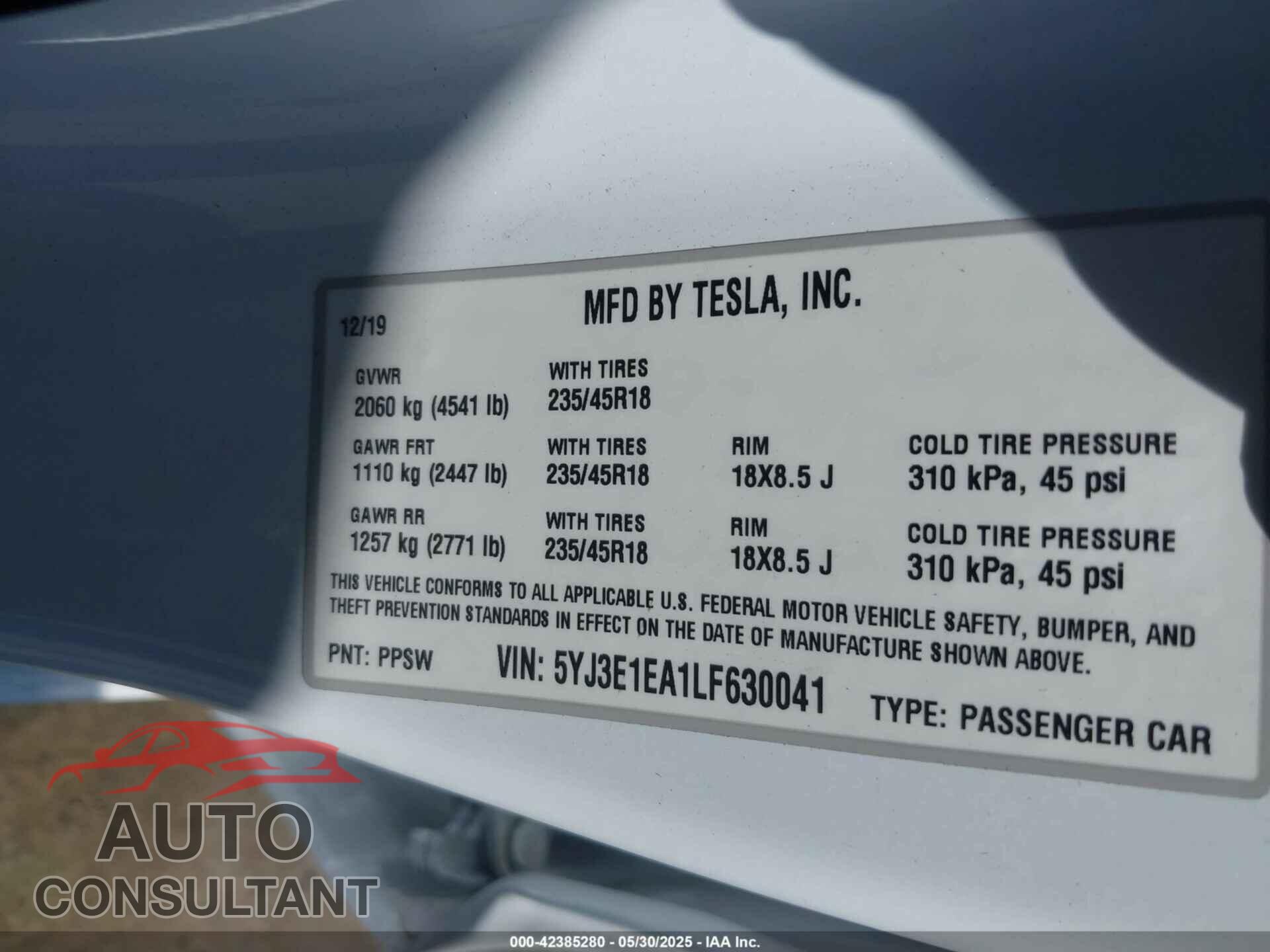 TESLA MODEL 3 2020 - 5YJ3E1EA1LF630041