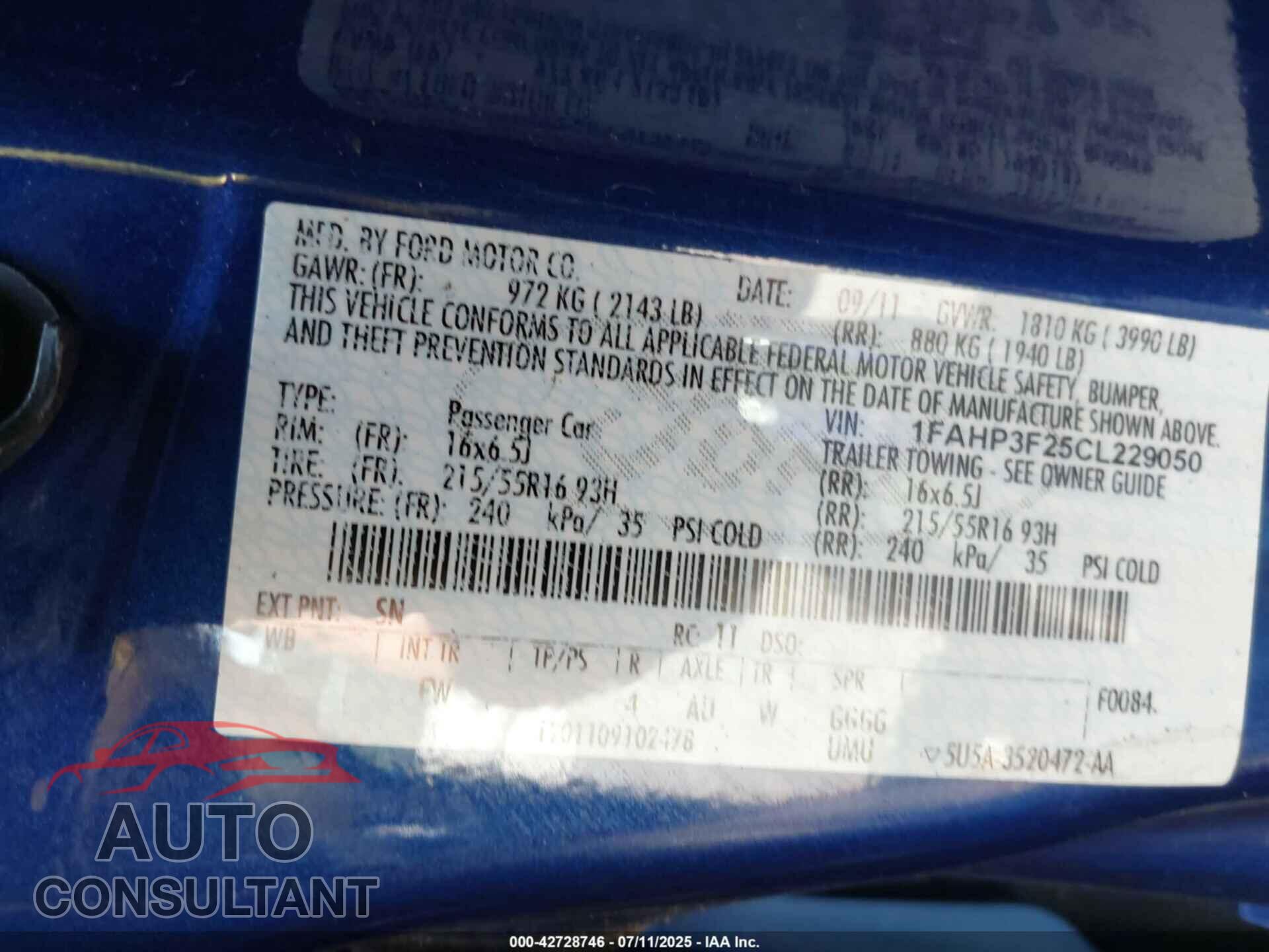 FORD FOCUS 2012 - 1FAHP3F25CL229050