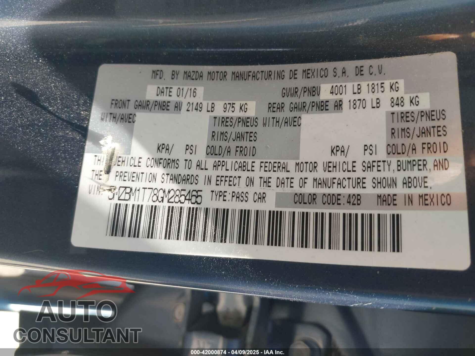 MAZDA MAZDA3 2016 - 3MZBM1T78GM285465