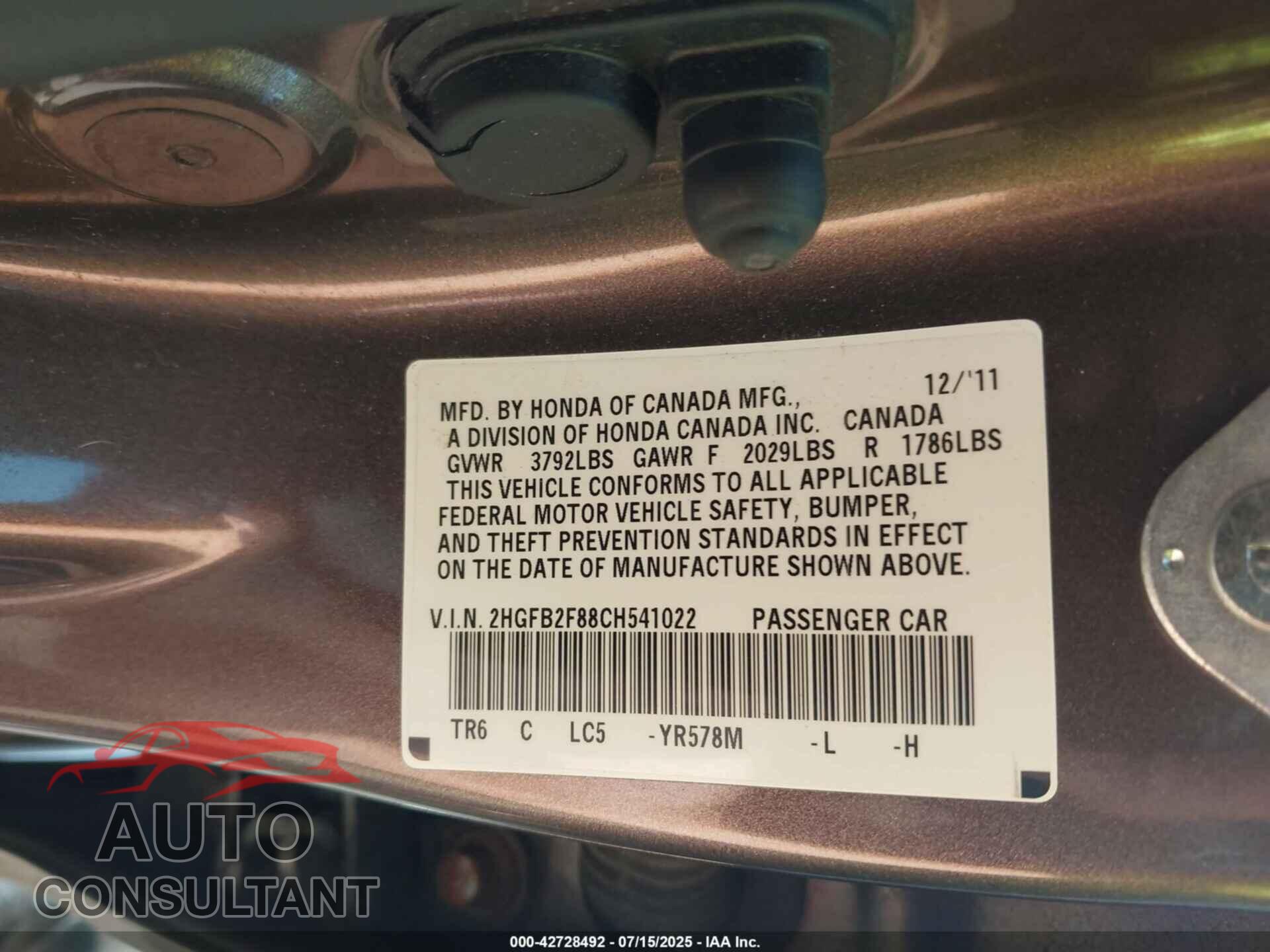 HONDA CIVIC 2012 - 2HGFB2F88CH541022