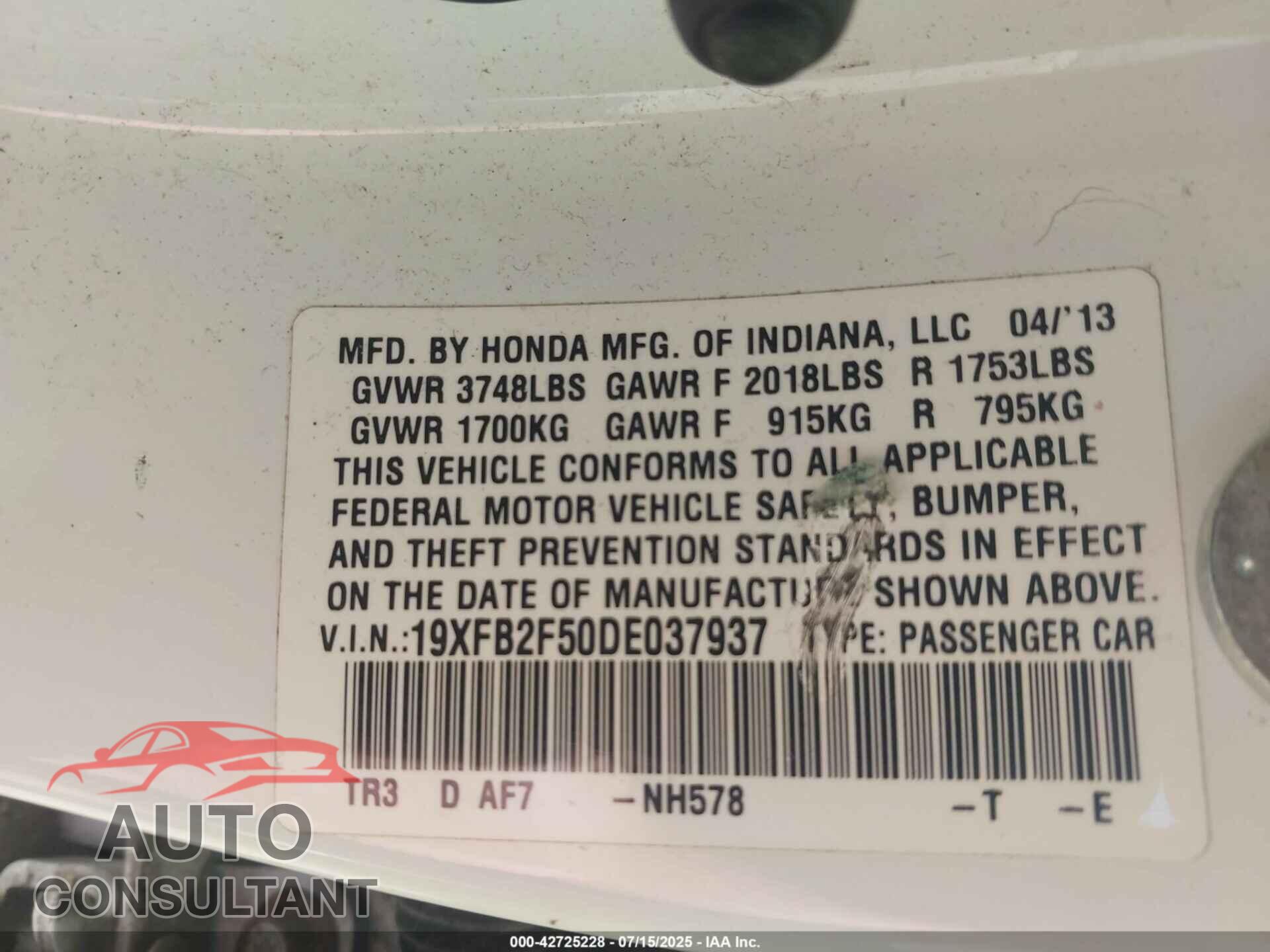 HONDA CIVIC 2013 - 19XFB2F50DE037937
