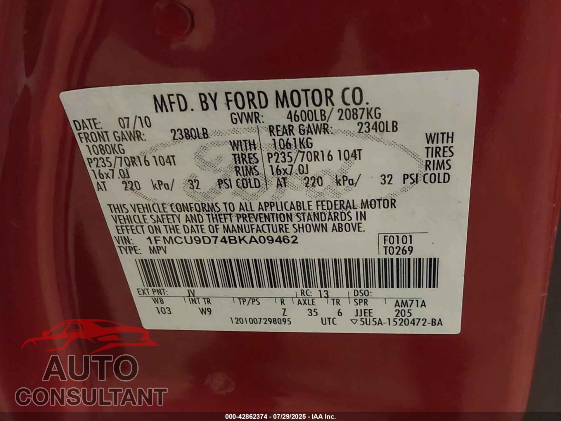 FORD ESCAPE 2011 - 1FMCU9D74BKA09462
