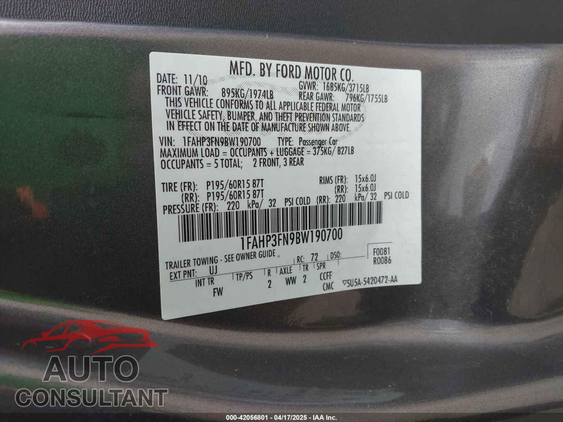 FORD FOCUS 2011 - 1FAHP3FN9BW190700