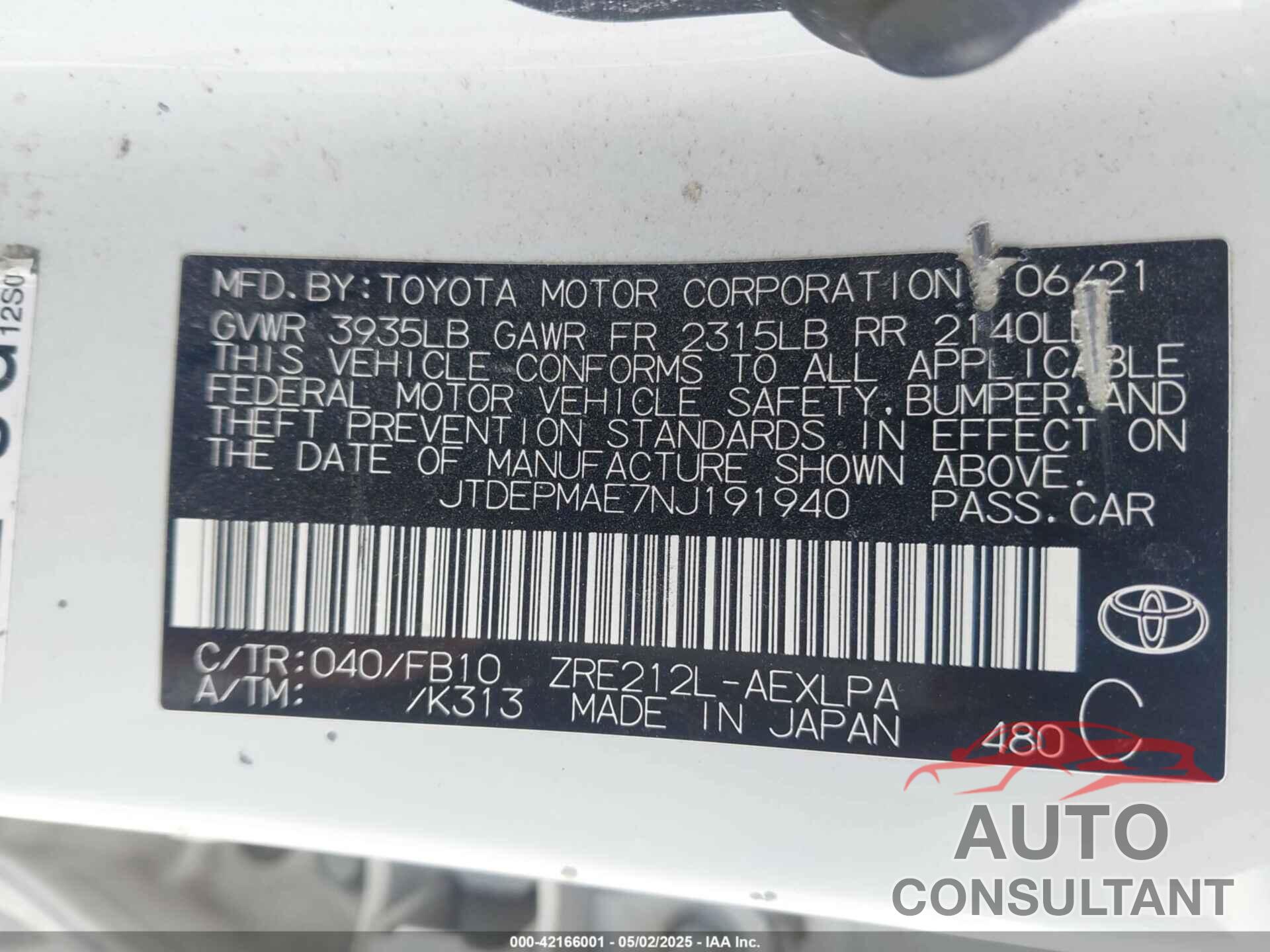 TOYOTA COROLLA 2022 - JTDEPMAE7NJ191940