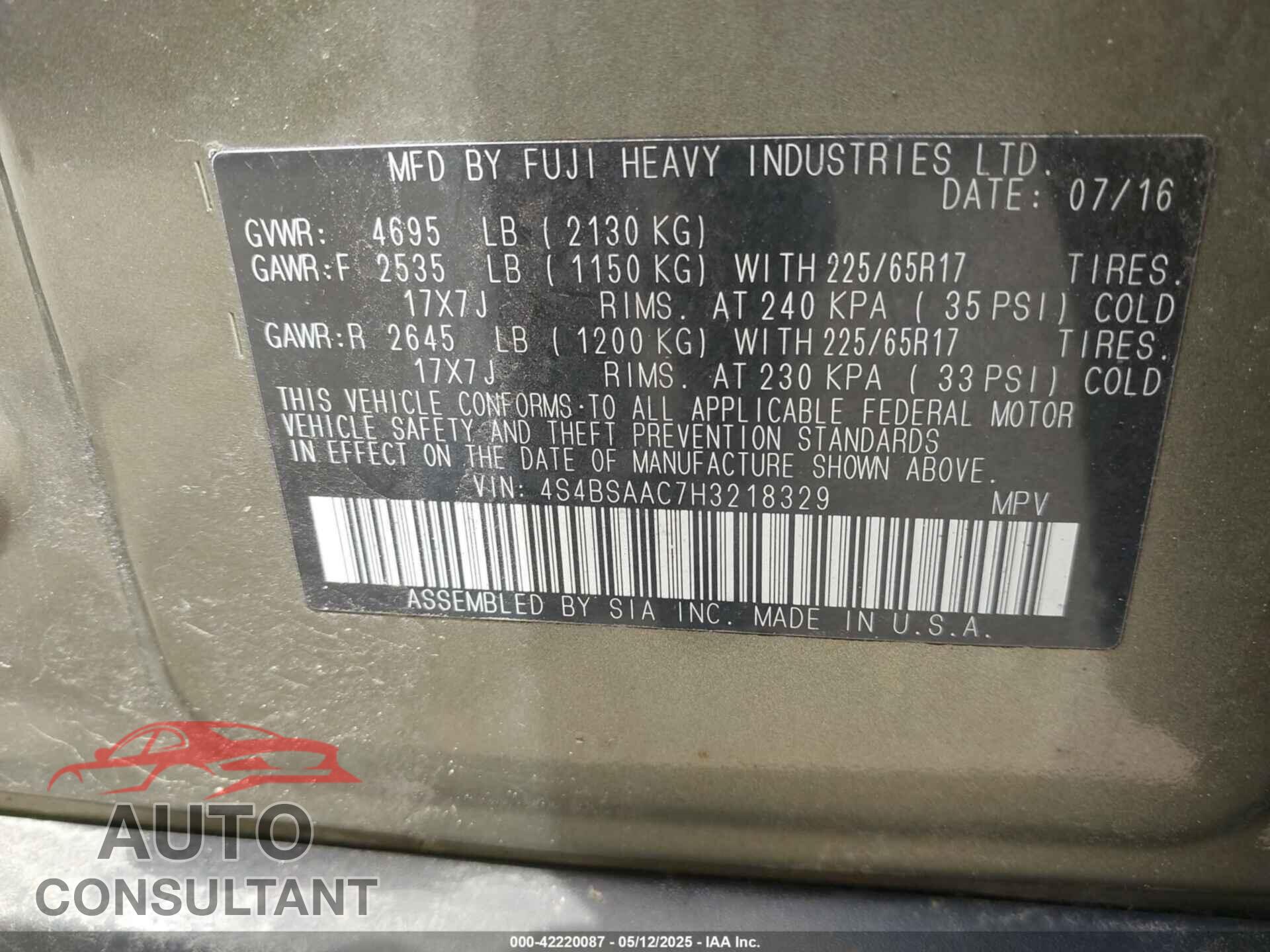 SUBARU OUTBACK 2017 - 4S4BSAAC7H3218329
