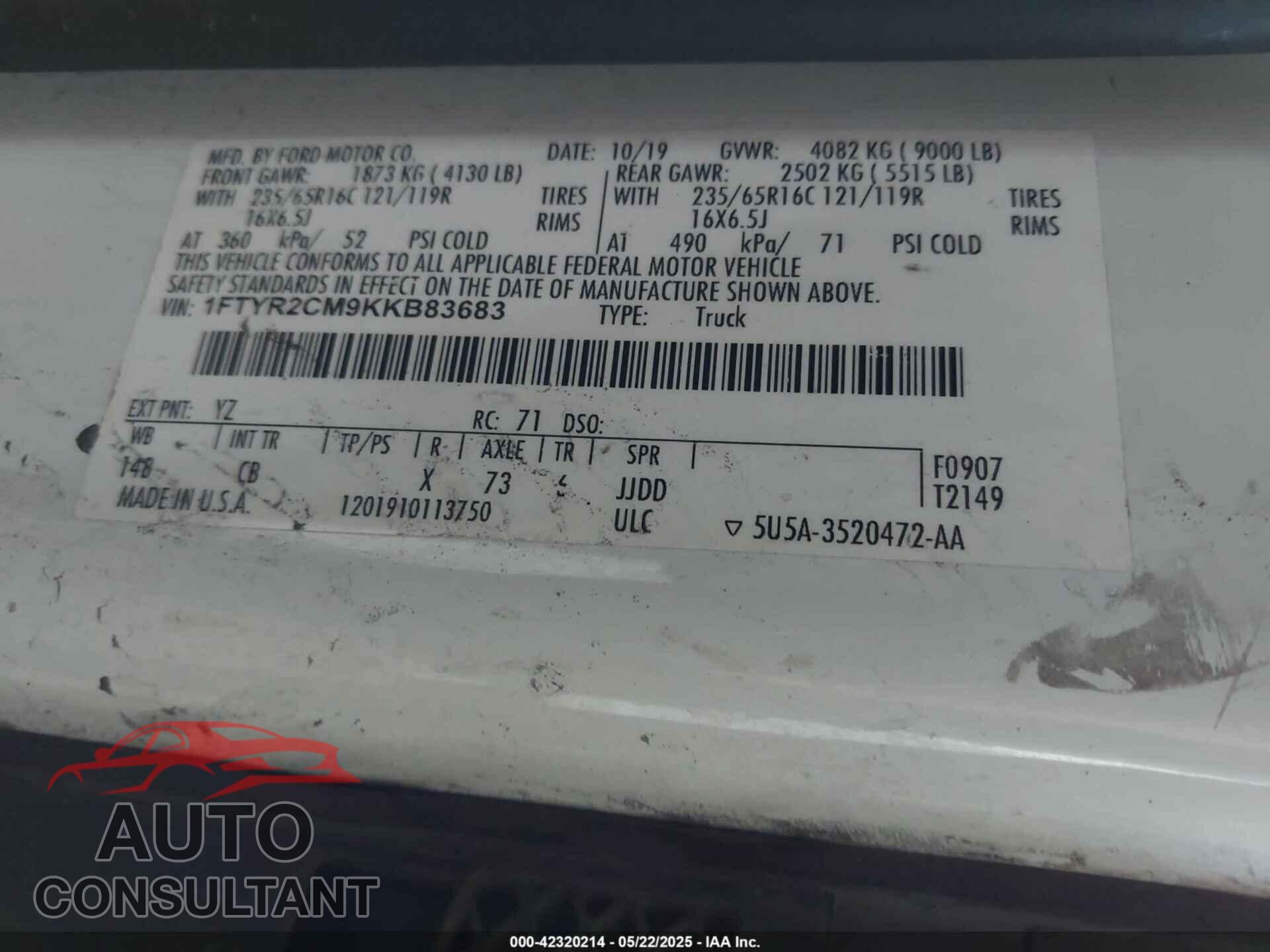 FORD TRANSIT-250 2019 - 1FTYR2CM9KKB83683