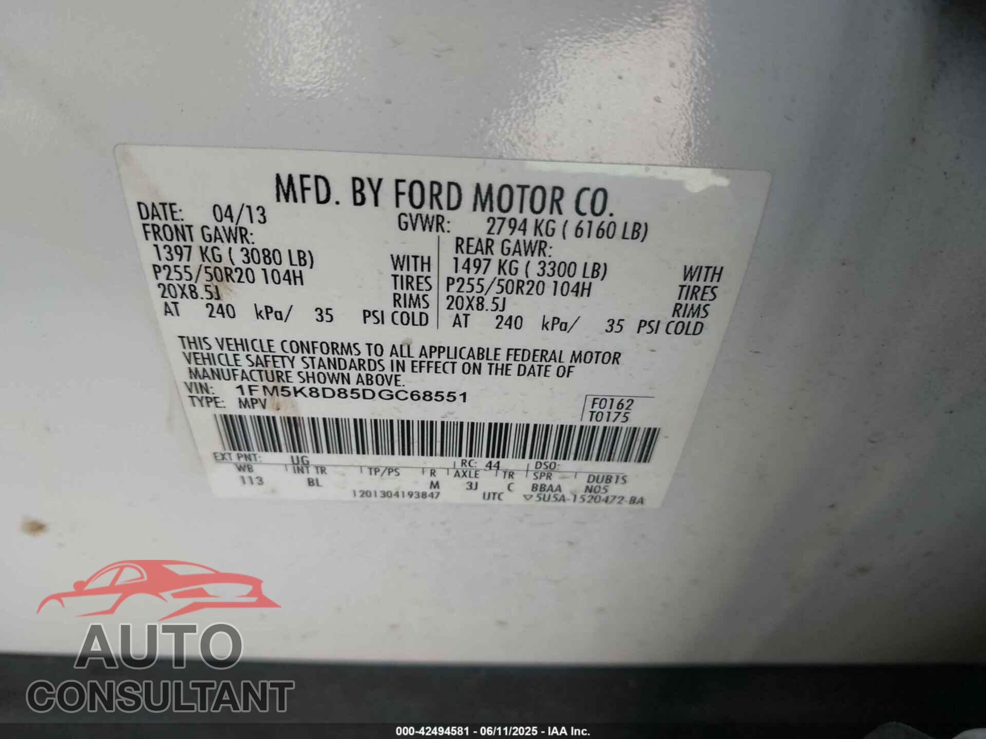 FORD EXPLORER 2013 - 1FM5K8D85DGC68551