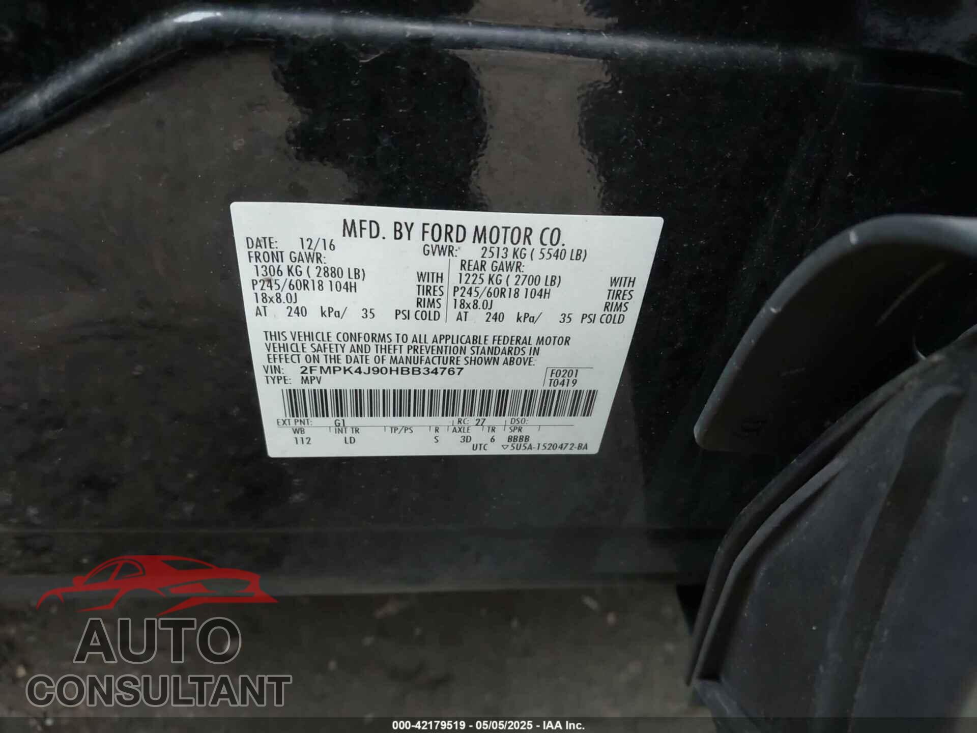 FORD EDGE 2017 - 2FMPK4J90HBB34767