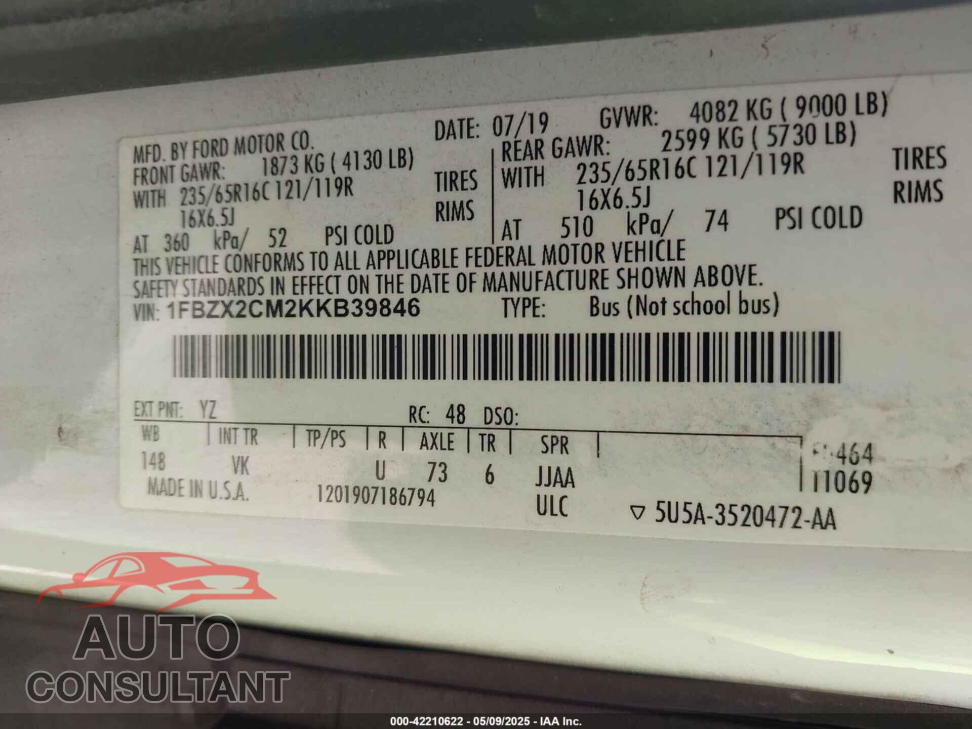 FORD TRANSIT-350 2019 - 1FBZX2CM2KKB39846