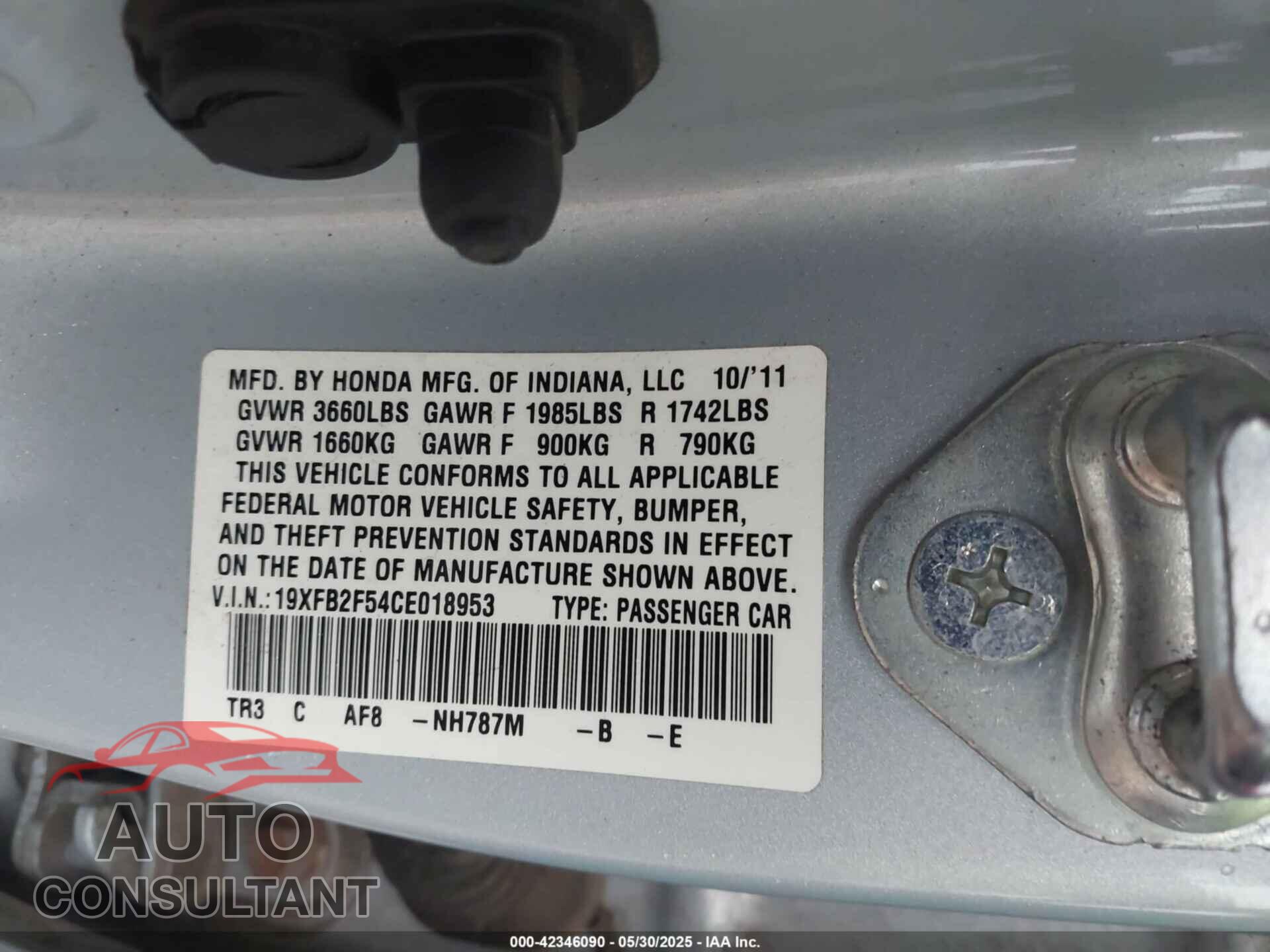 HONDA CIVIC 2012 - 19XFB2F54CE018953