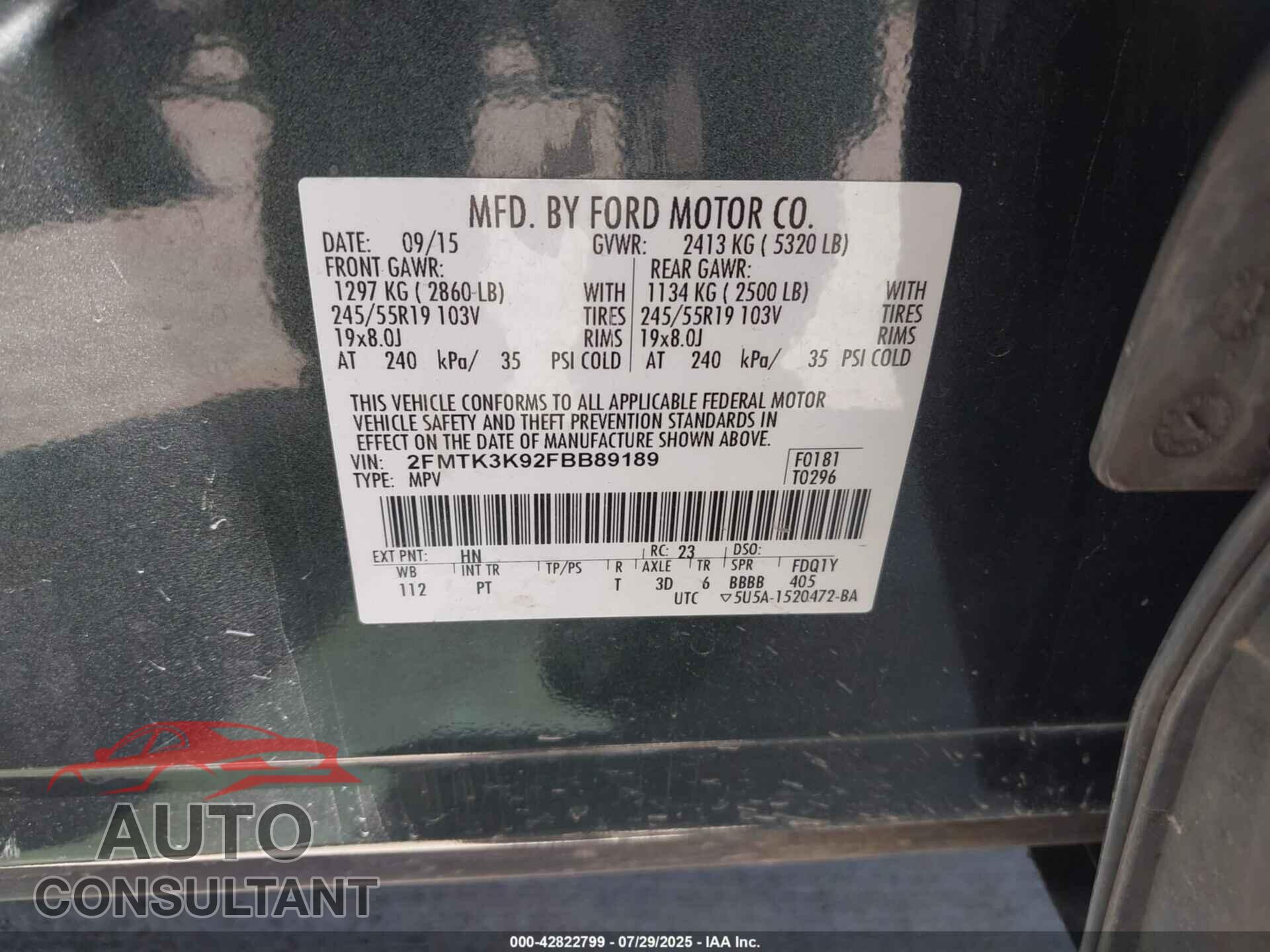 FORD EDGE 2015 - 2FMTK3K92FBB89189