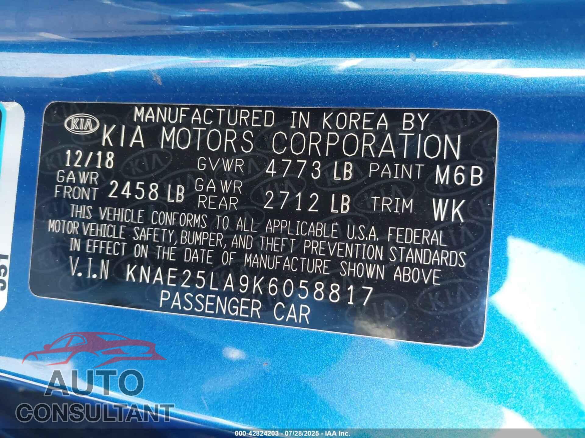 KIA STINGER 2019 - KNAE25LA9K6058817