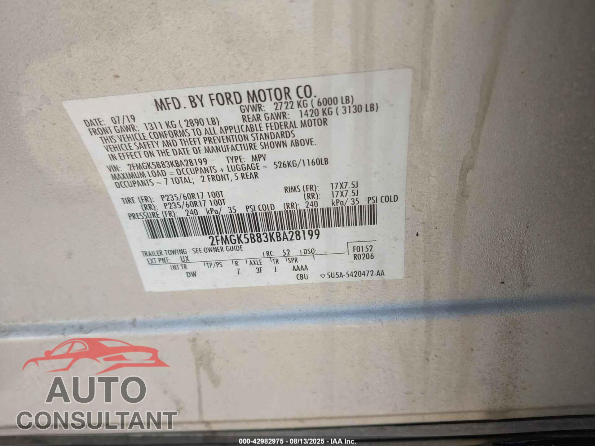 FORD FLEX 2019 - 2FMGK5B83KBA28199