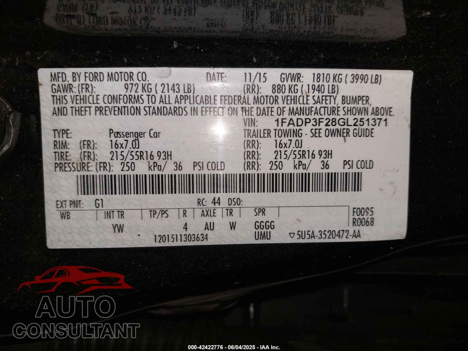 FORD FOCUS 2016 - 1FADP3F28GL251371