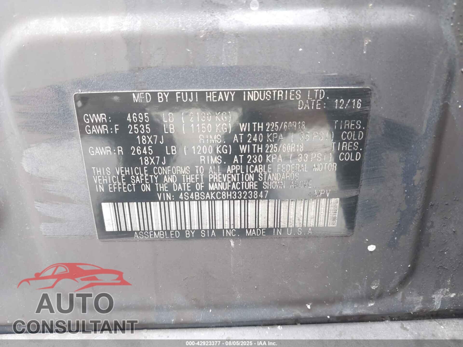 SUBARU OUTBACK 2017 - 4S4BSAKC8H3323847