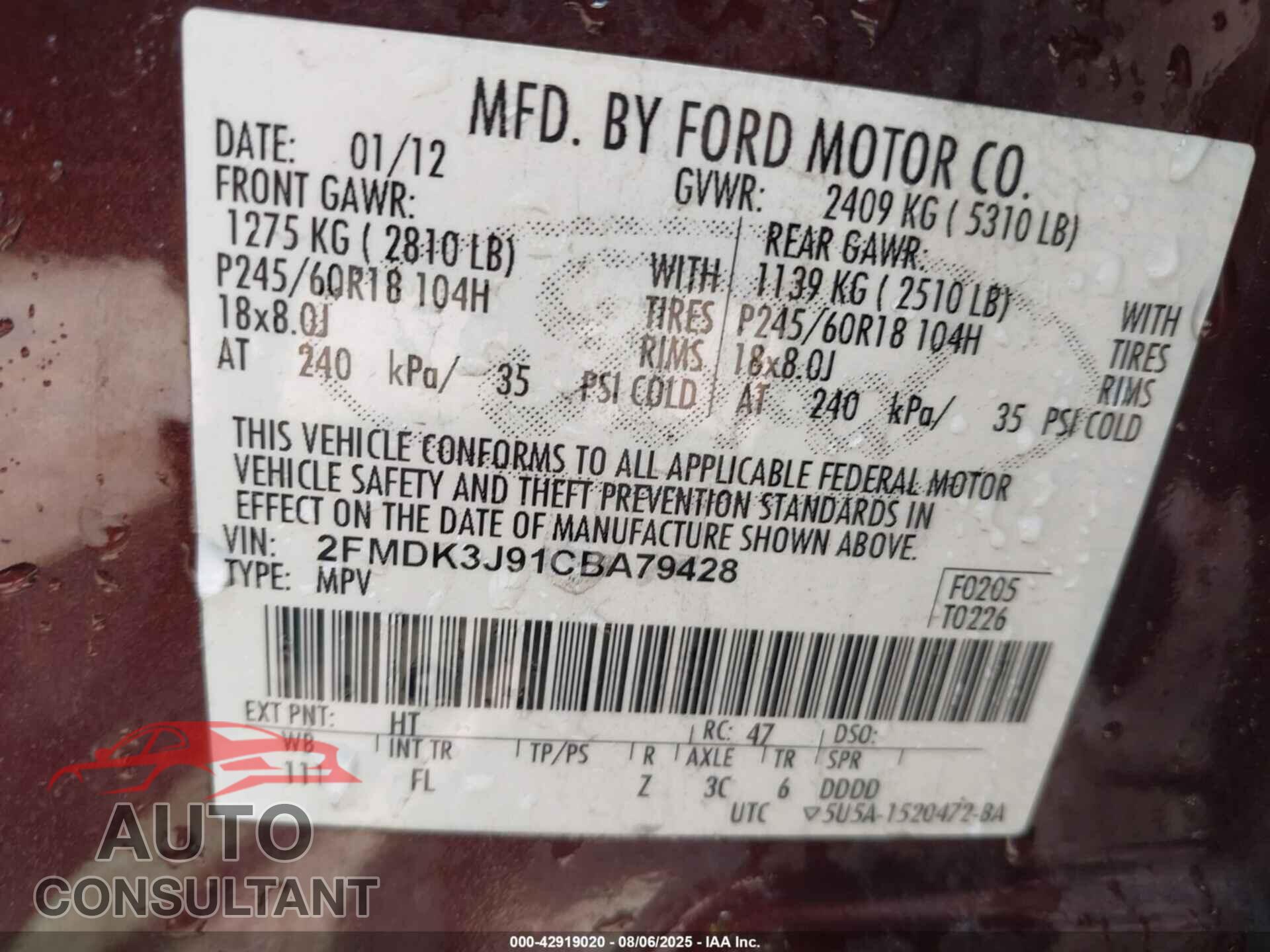 FORD EDGE 2012 - 2FMDK3J91CBA79428