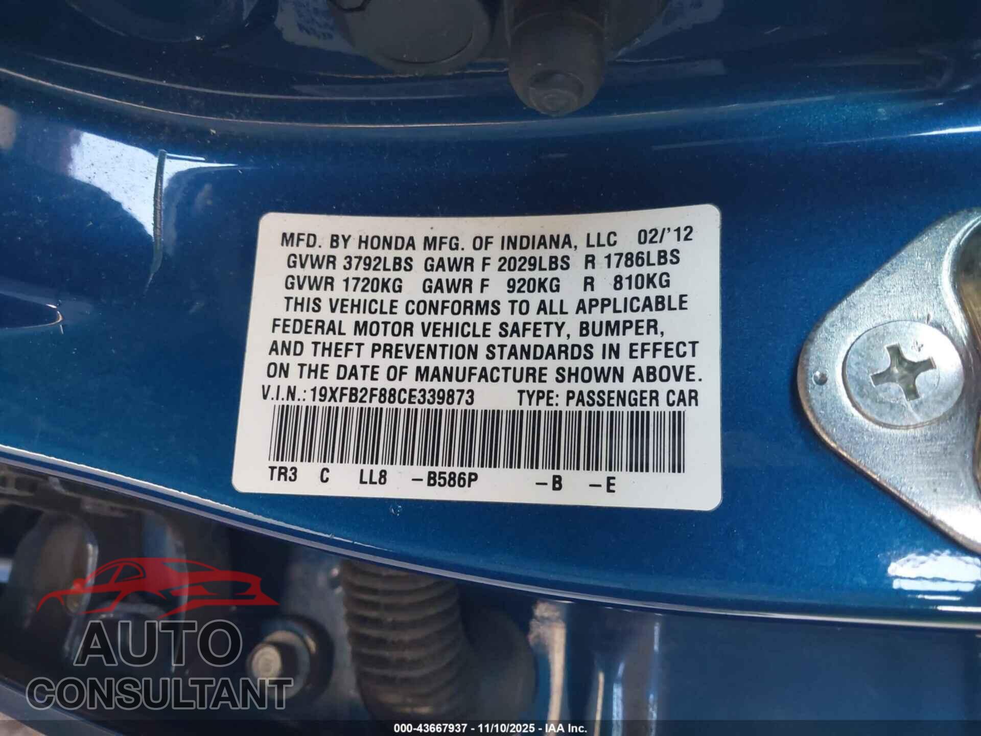 HONDA CIVIC 2012 - 19XFB2F88CE339873