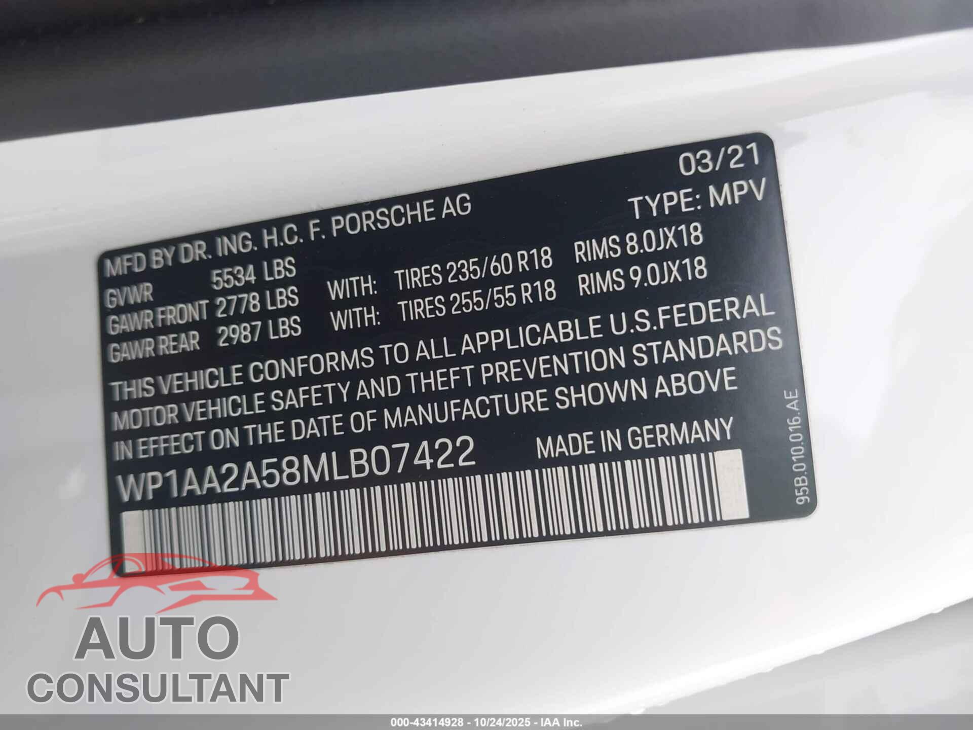 PORSCHE MACAN 2021 - WP1AA2A58MLB07422