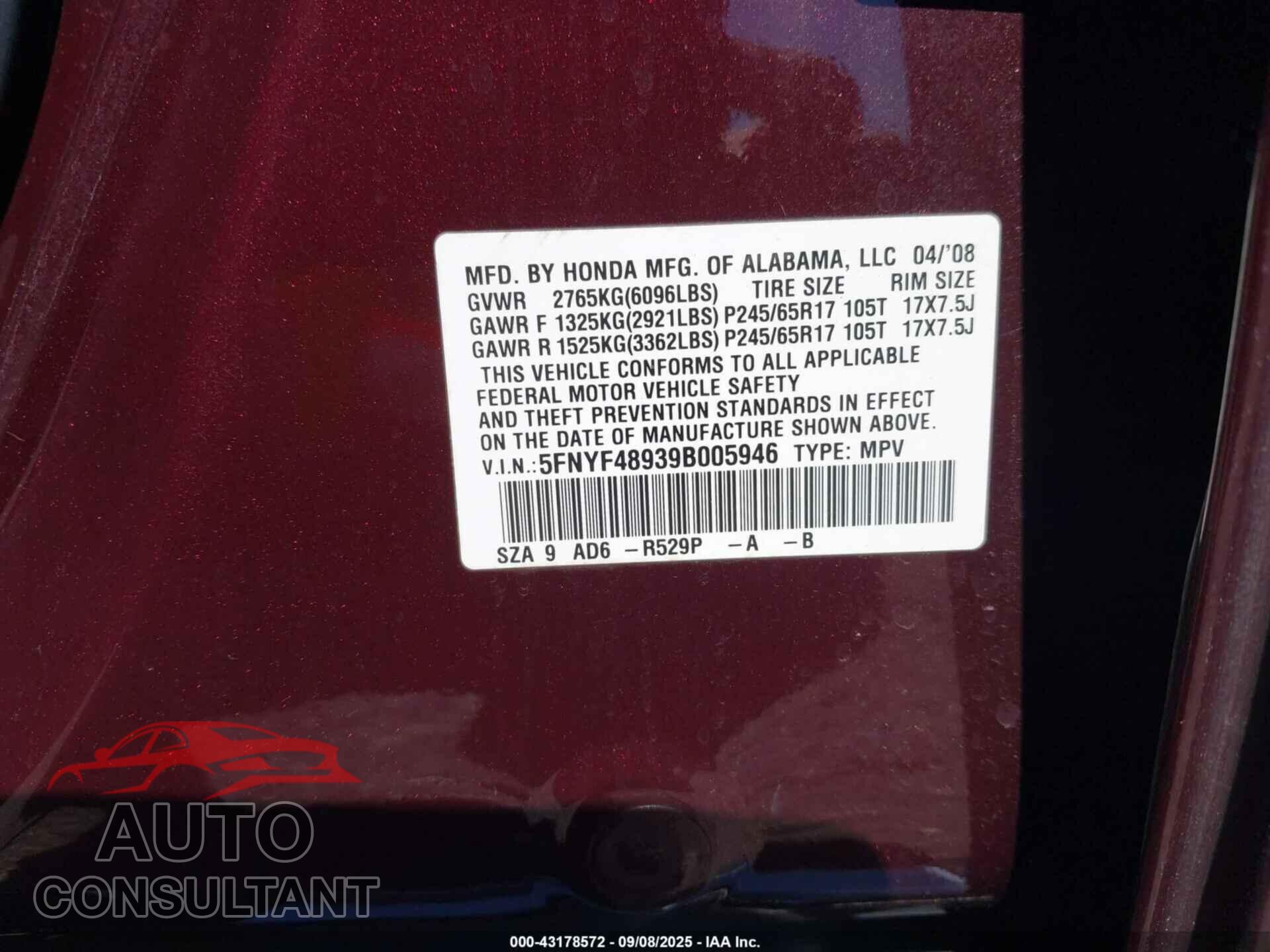 HONDA PILOT 2009 - 5FNYF48939B005946
