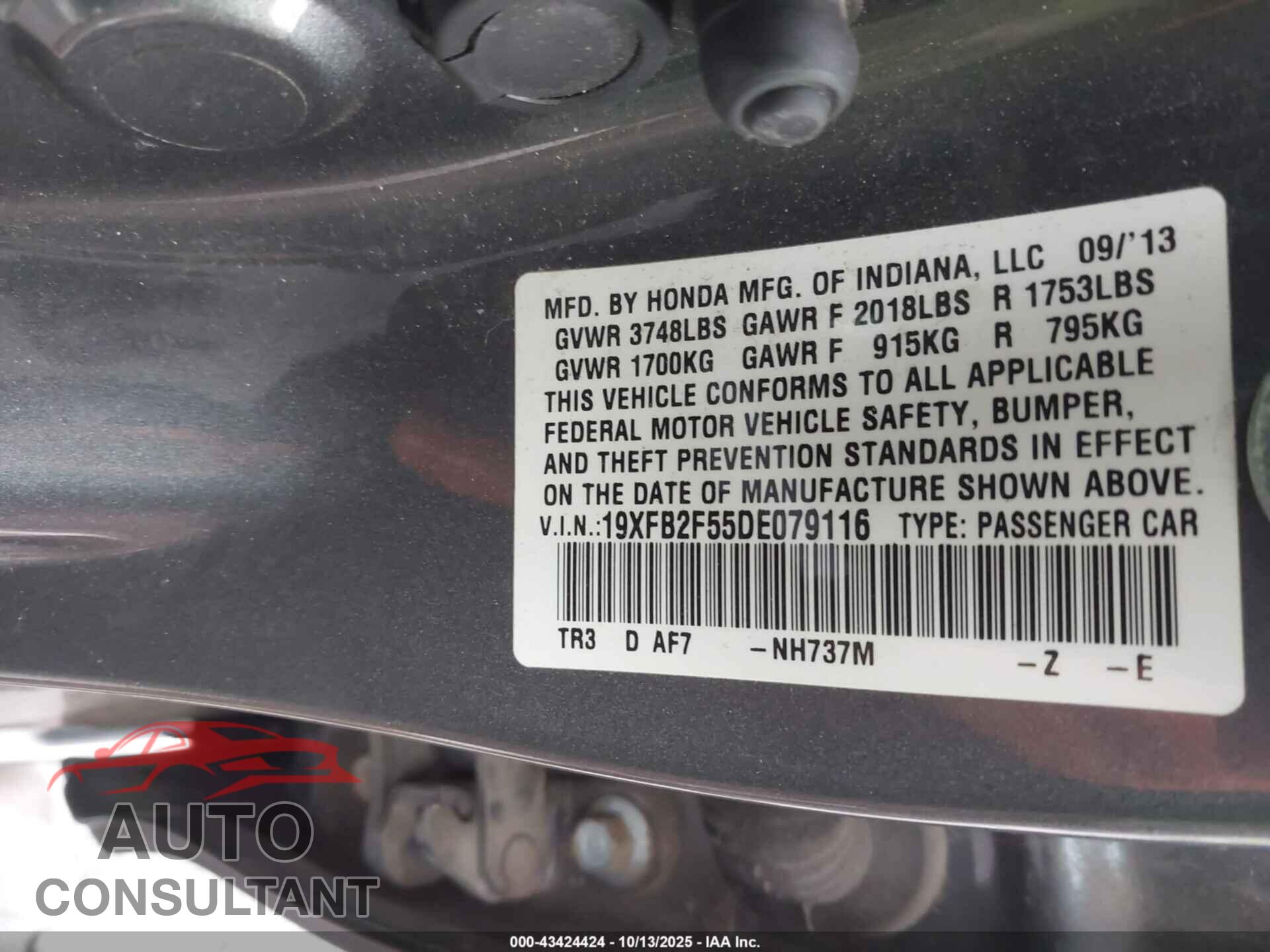 HONDA CIVIC 2013 - 19XFB2F55DE079116