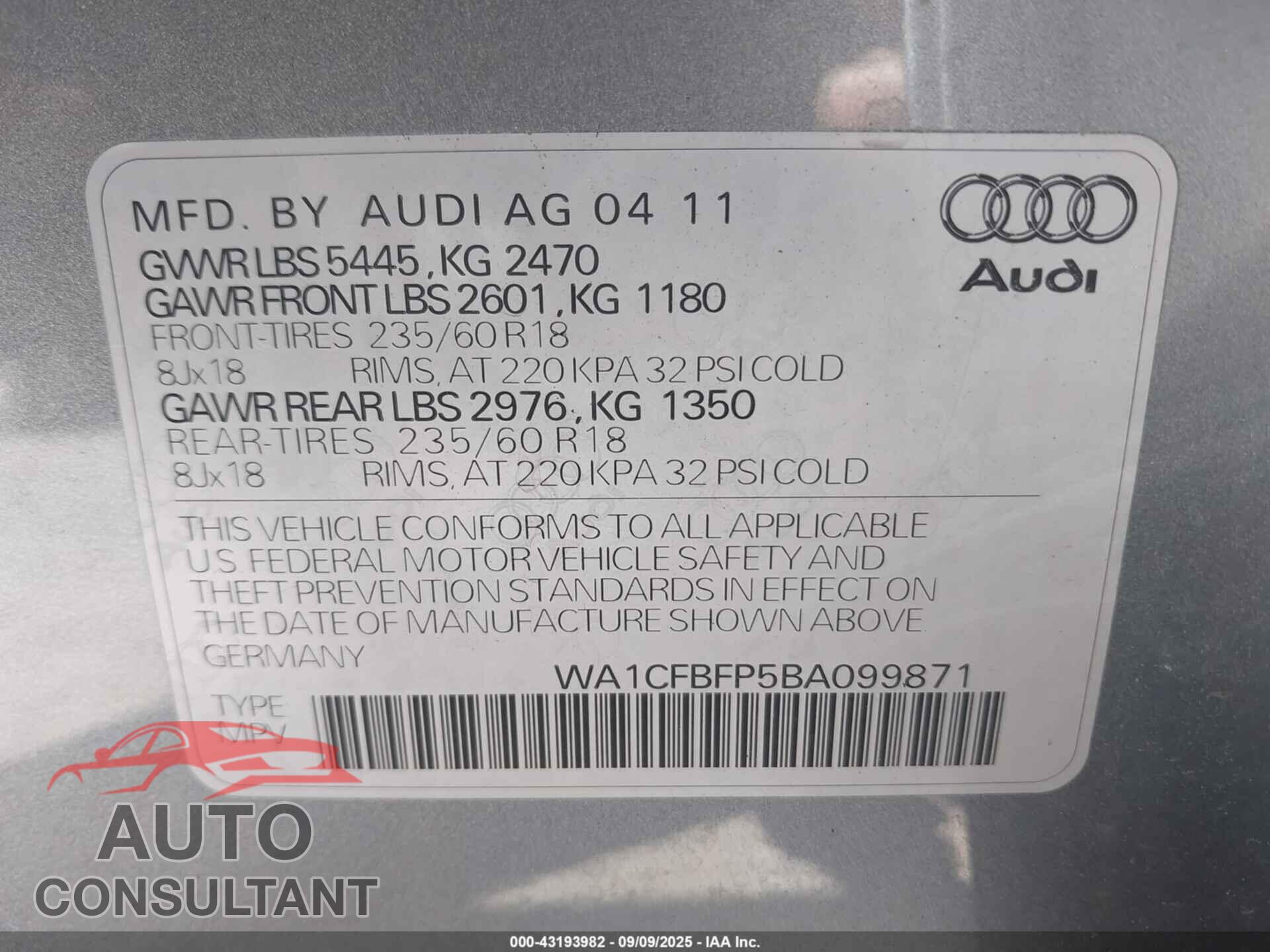 AUDI Q5 2011 - WA1CFBFP5BA099871